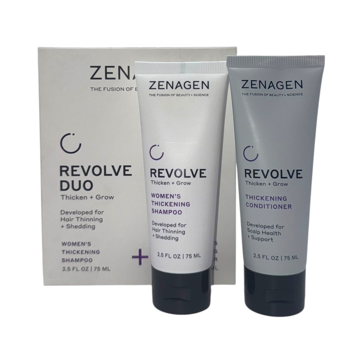 Zenagen Revolve Duo hair care product set on a white background