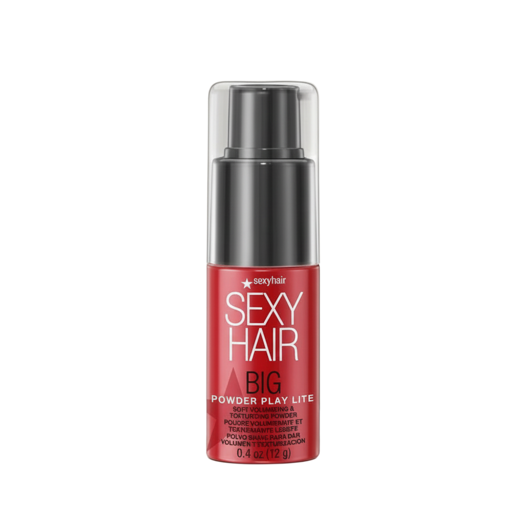 Red bottle of Sexy Hair Big Powder Play Lite on a white background