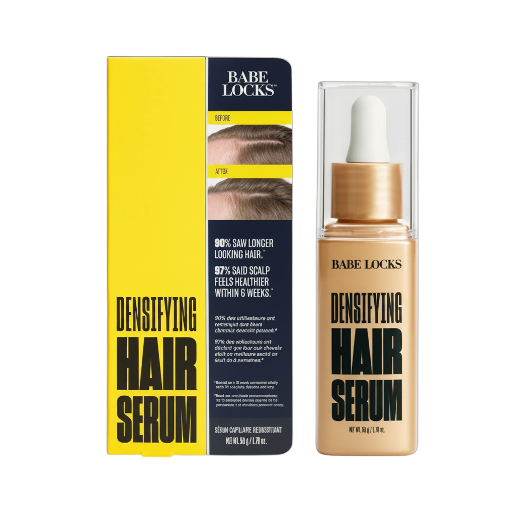 Babe Locks densifying hair serum packaging with yellow, black, and clear design.