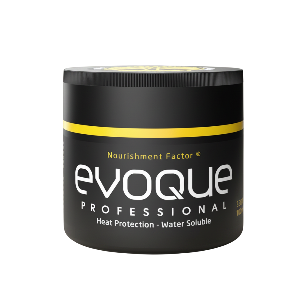 Black jar of evoque professional hair product with yellow band on a white background