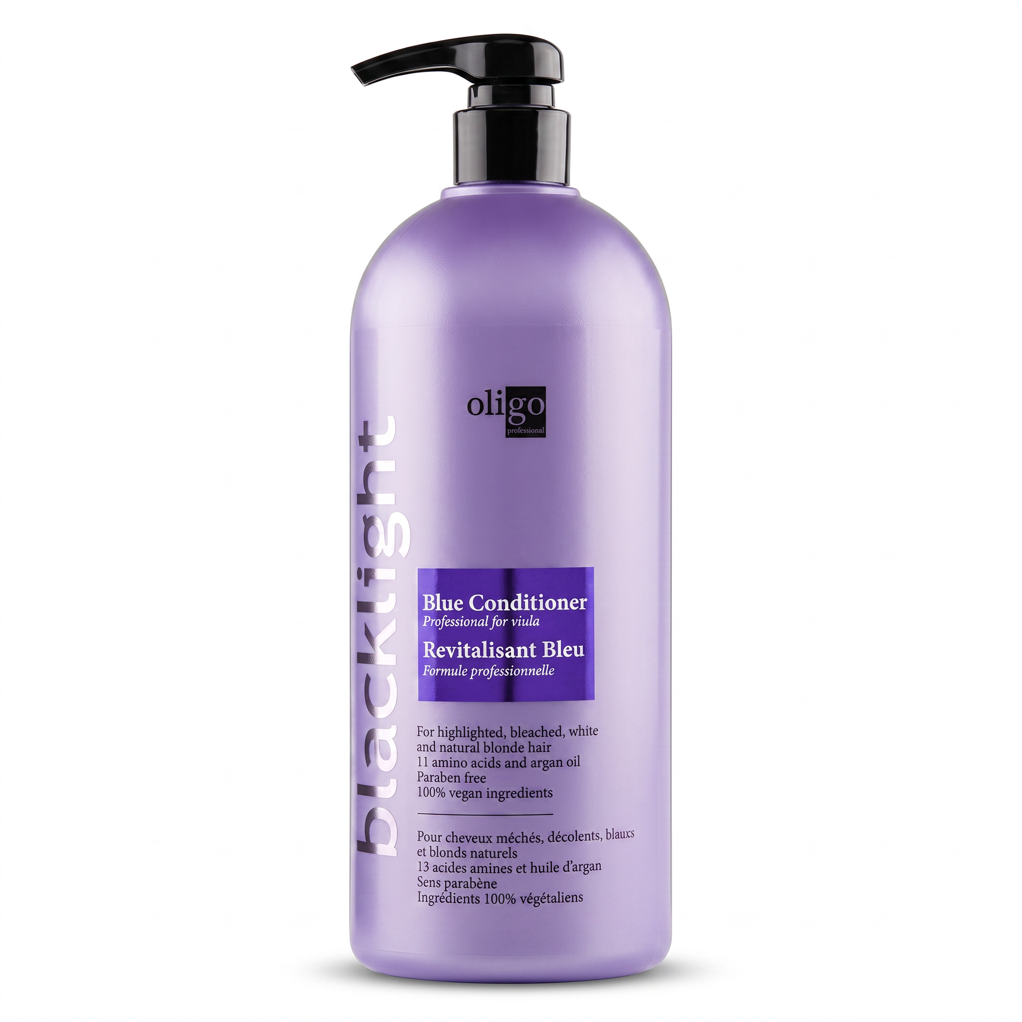 A lavender purple bottle of Oligo Blacklight Blue Conditioner with a black pump dispenser, shown on a clean white background.