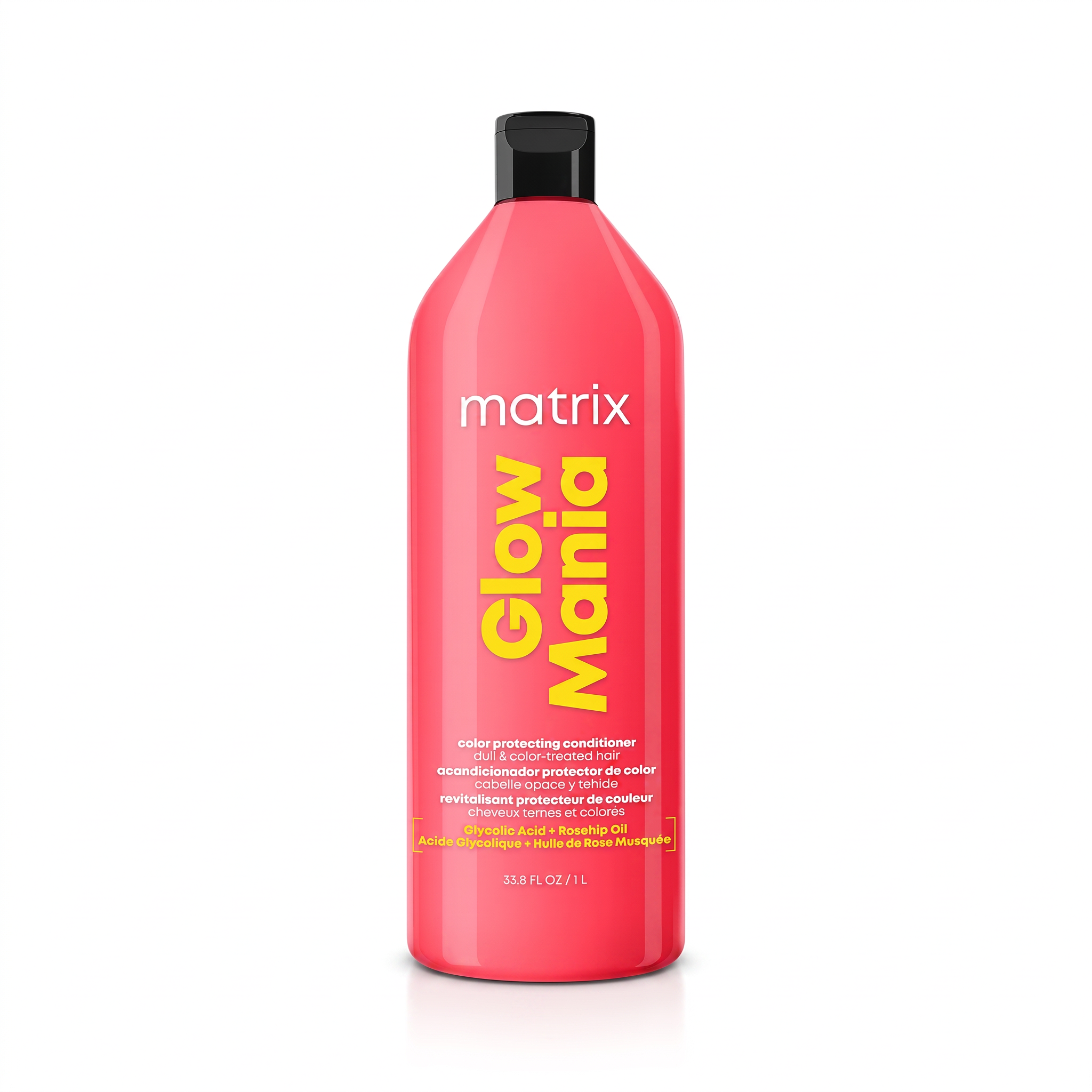 Pink bottle of Matrix Glow Mania conditioner on a white background