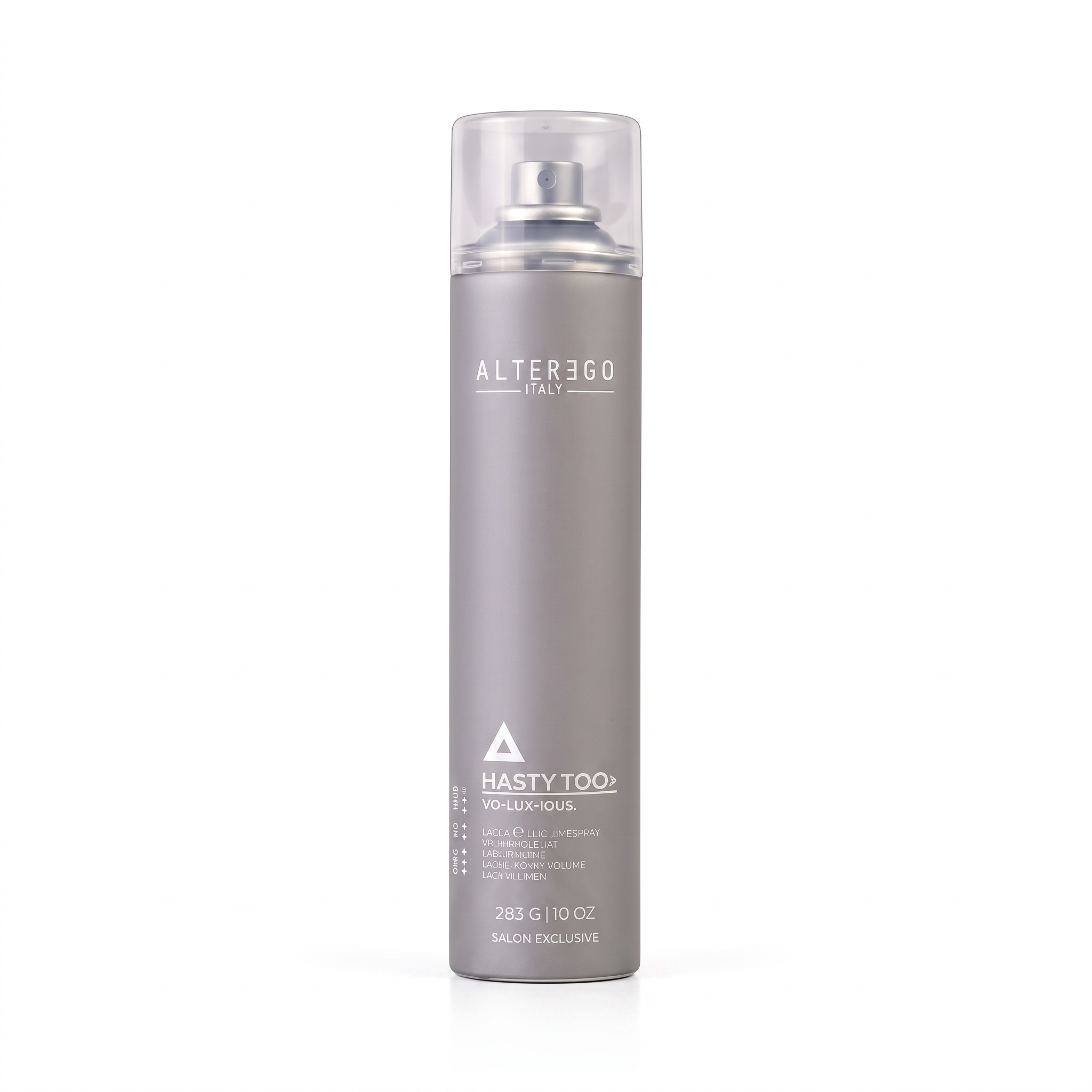 Alter360 Hasty Too+ Vol. Luxous hair spray in a tall, metallic silver cylindrical bottle with a clear cap, shown on a clean white background.
