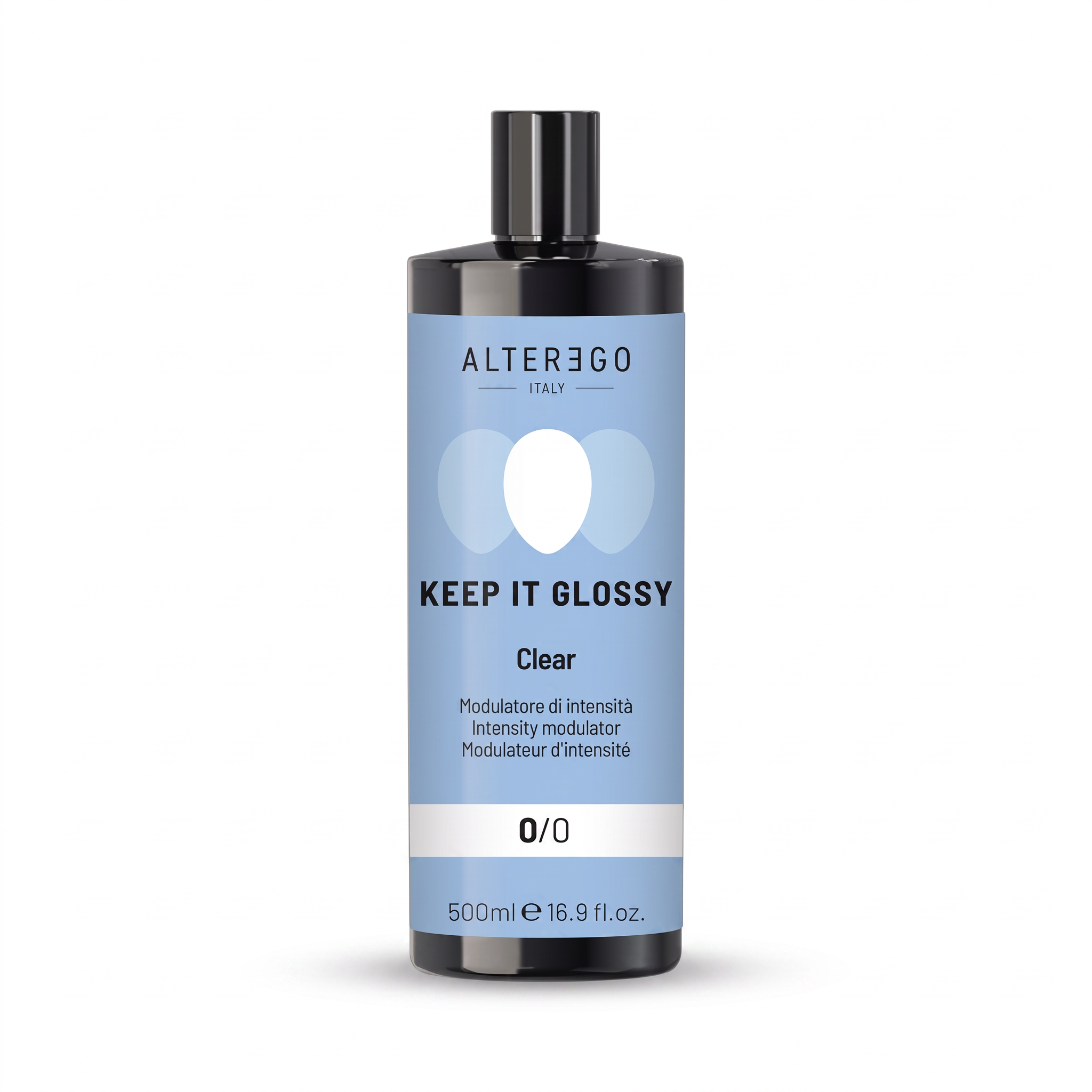 A bottle of ALTEREGO Keep It Glossy Clear hair product on a clean white background. The bottle is black with a light blue label and a black cap.