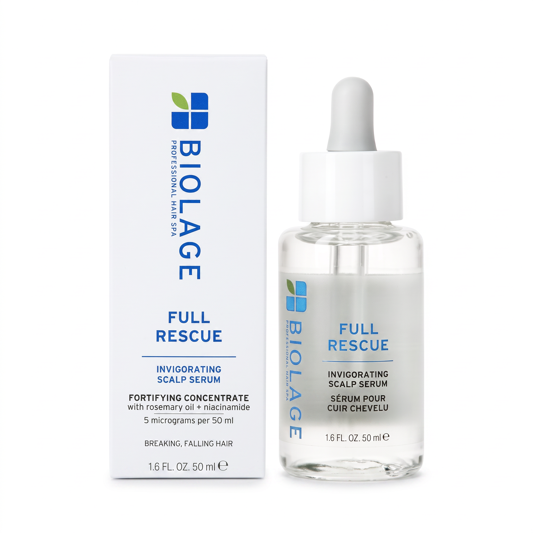 BIOLOGE Full Rescue Invigorating Scalp Serum shown as a clear glass dropper bottle next to its white and blue packaging box on a white background.