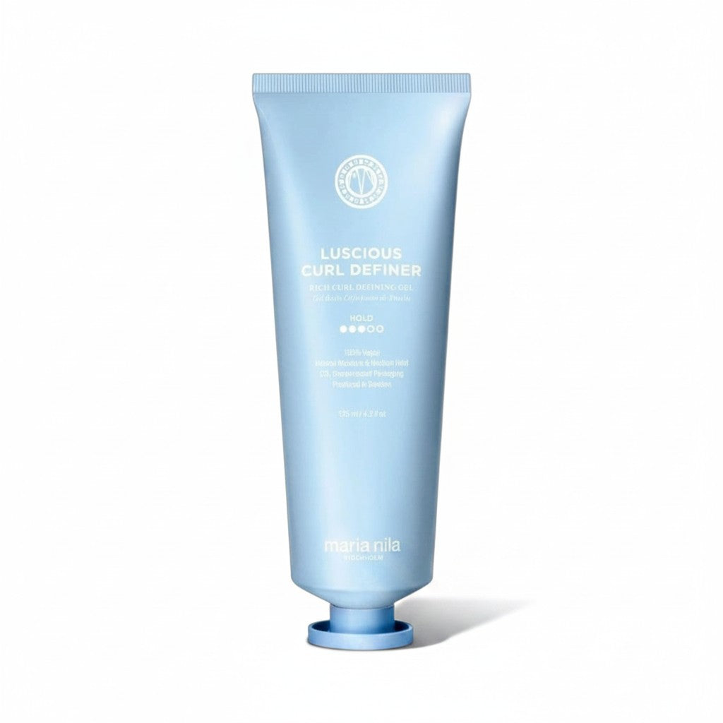 A light blue squeeze tube of Maria Rulla Luscious Curl Definer hair product, shown on a clean white background with a soft shadow.