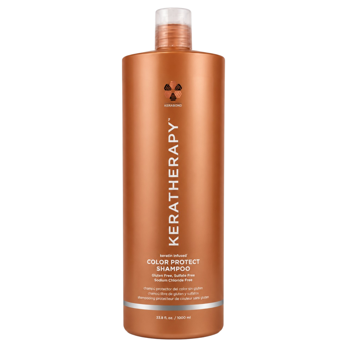 A tall bottle of Keratherapy Color Protect Shampoo in a metallic copper-orange color, with a clear cap, on a solid white background.