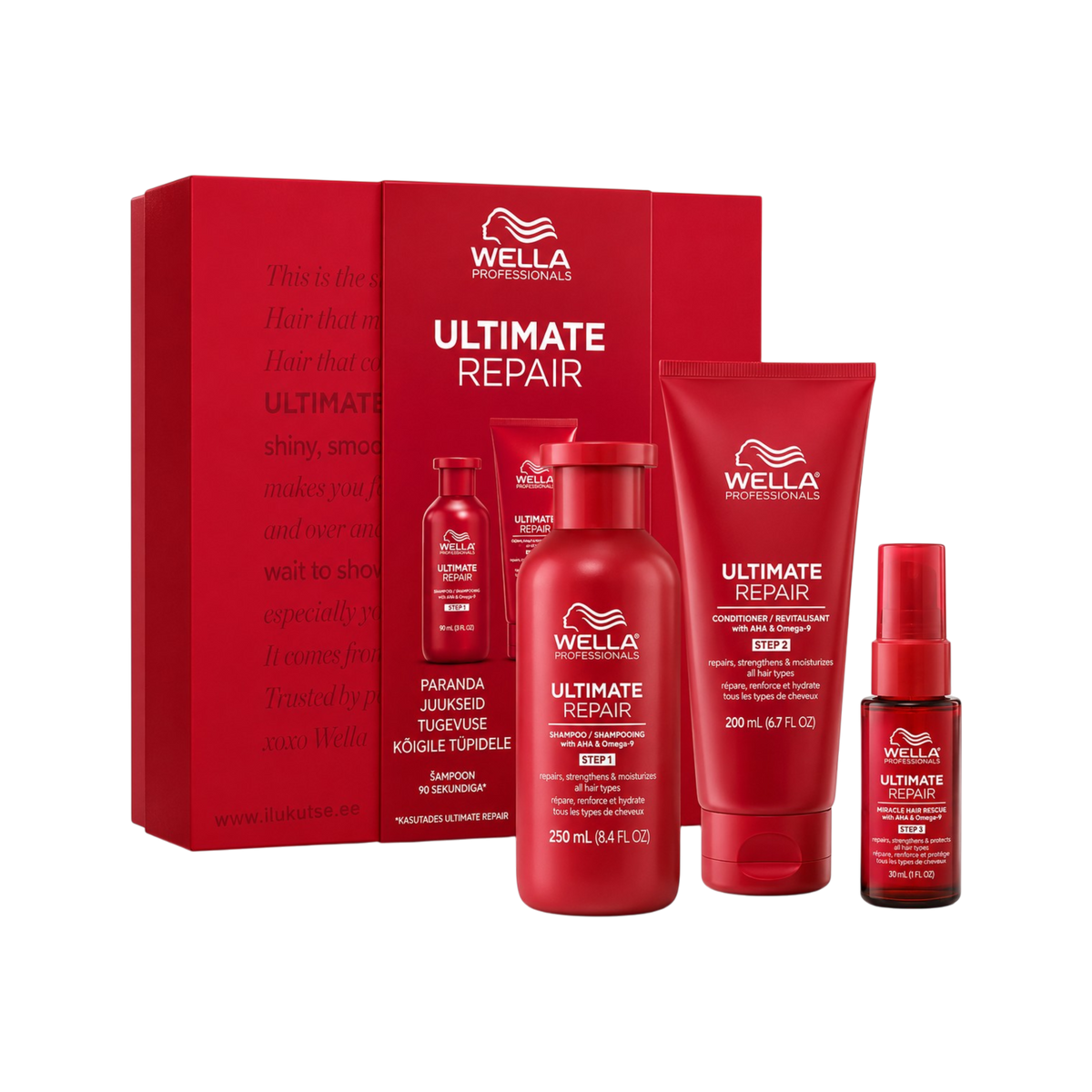 Wella Professionals Ultimate Repair hair care set including a red gift box, shampoo, conditioner, treatment, and spray bottles on a white background.
