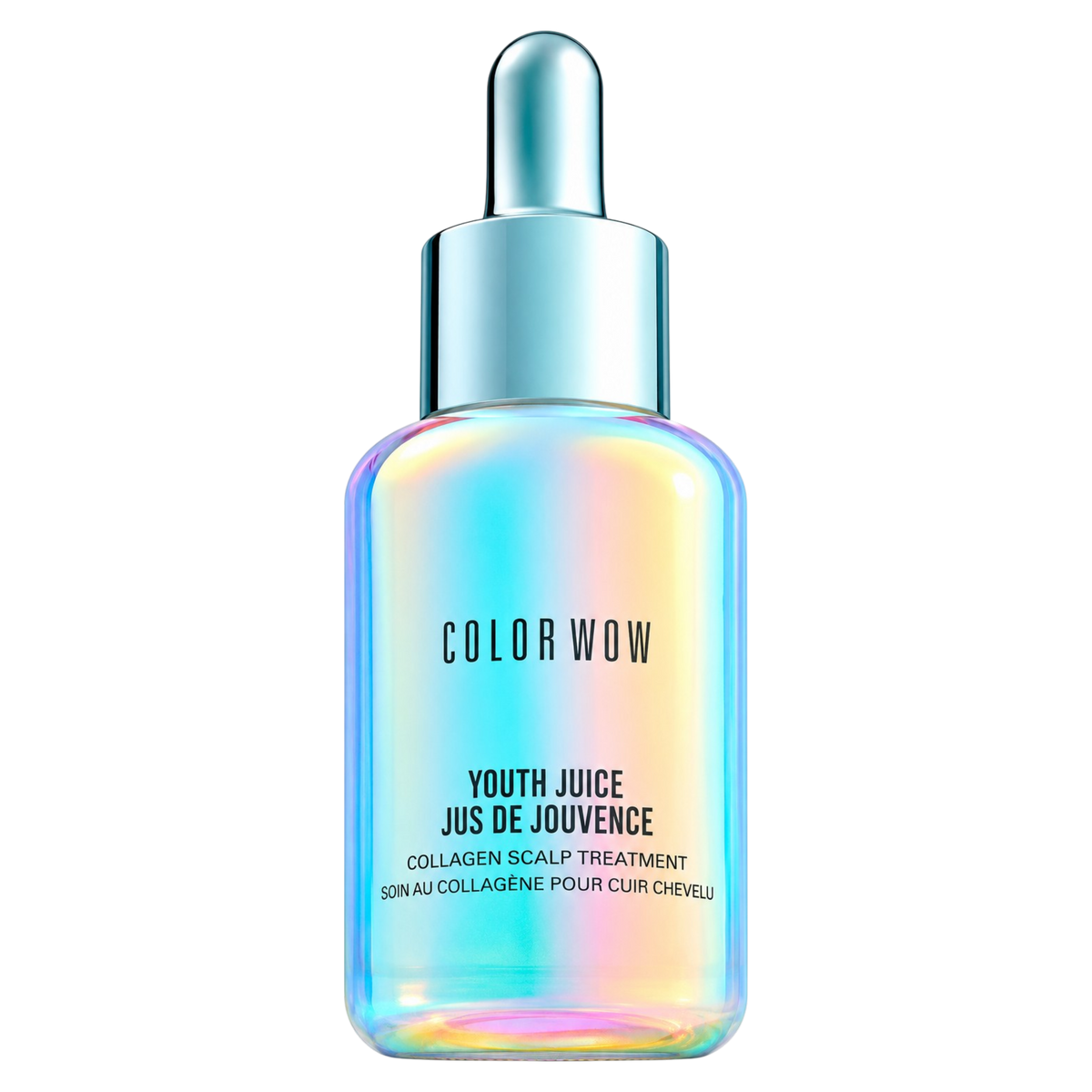 A bottle of Color Wow Youth Juice Collagen Scalp Treatment with an iridescent holographic finish, a silver cap, and a blue dropper, centered on a white background.