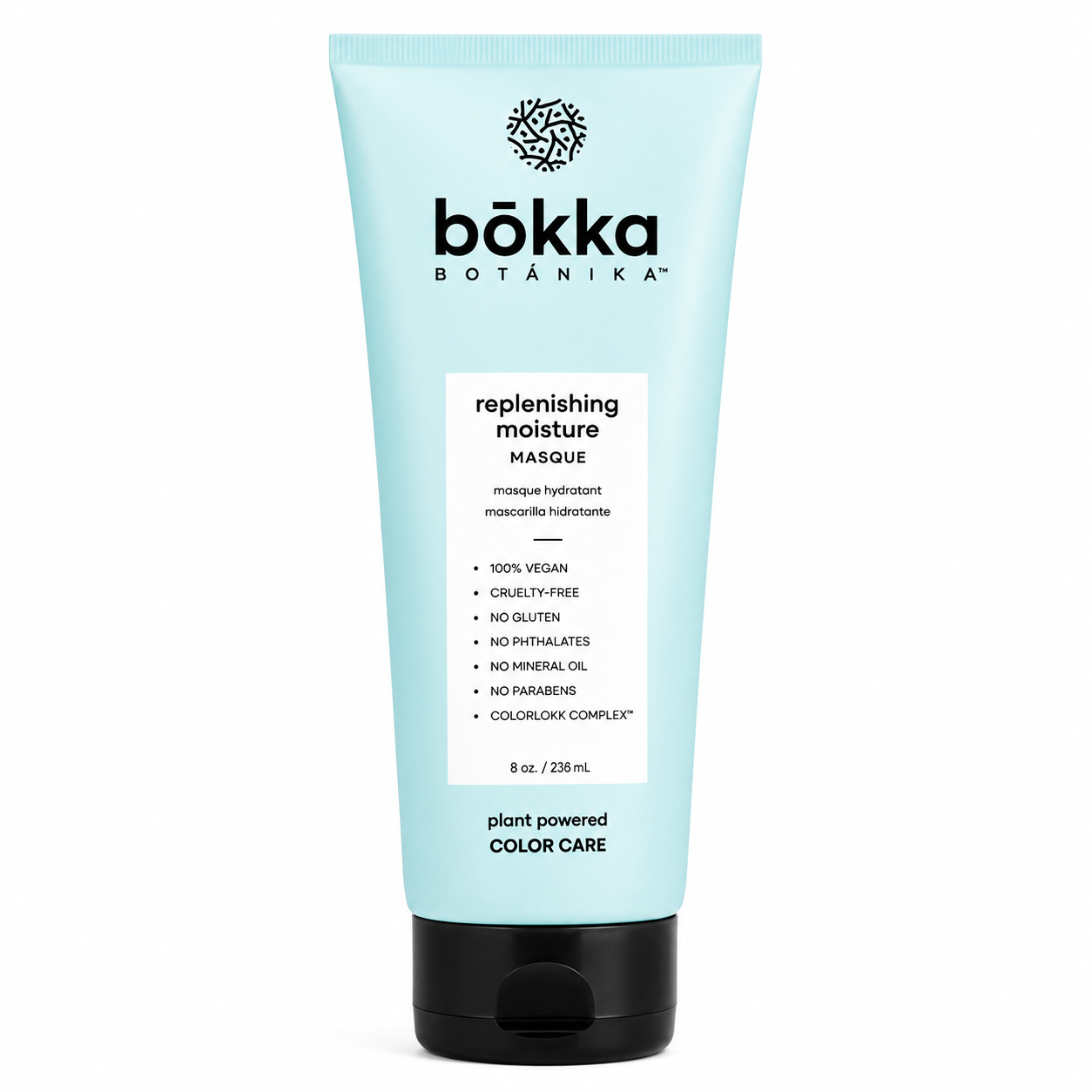 A tube of Bökka Botânika Replenishing Moisture Masque in a light blue squeeze tube with a black flip-top cap, shown on a plain white background.