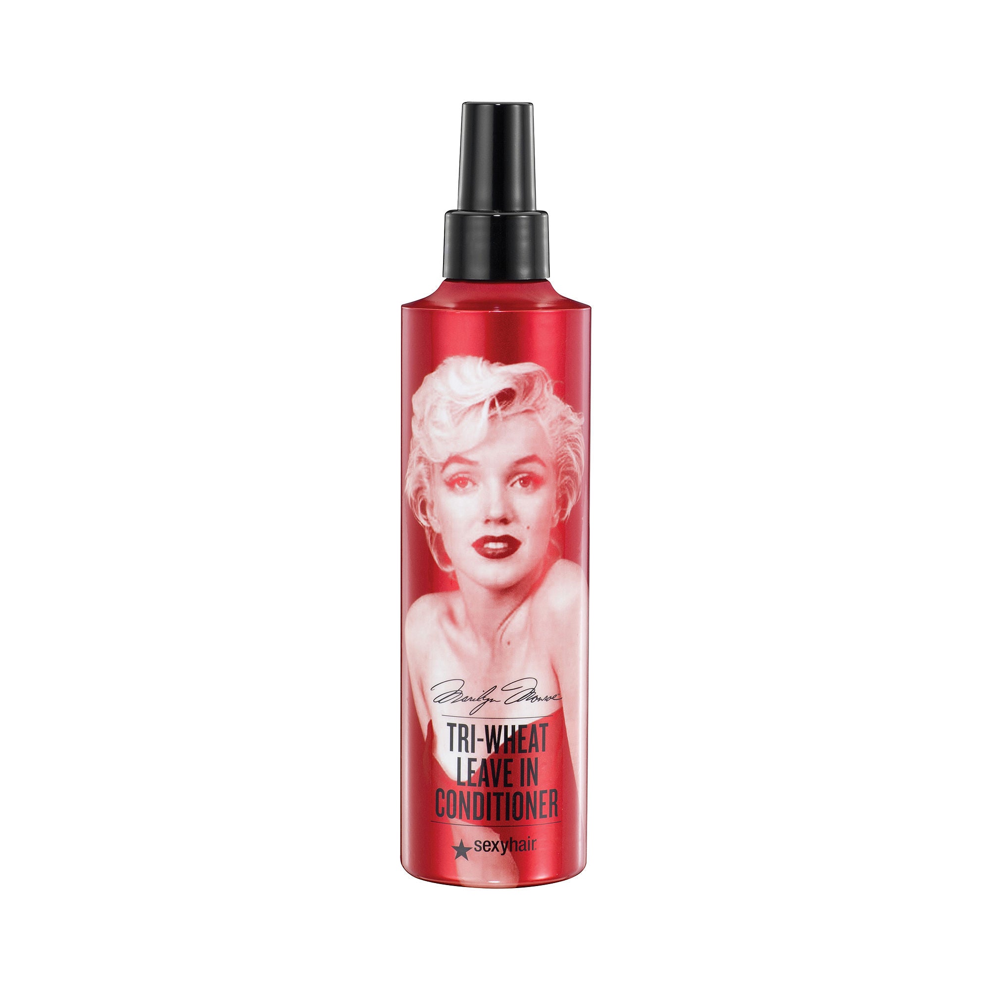 Red bottle of Tri-Wheat Leave In Conditioner with a portrait on a white background