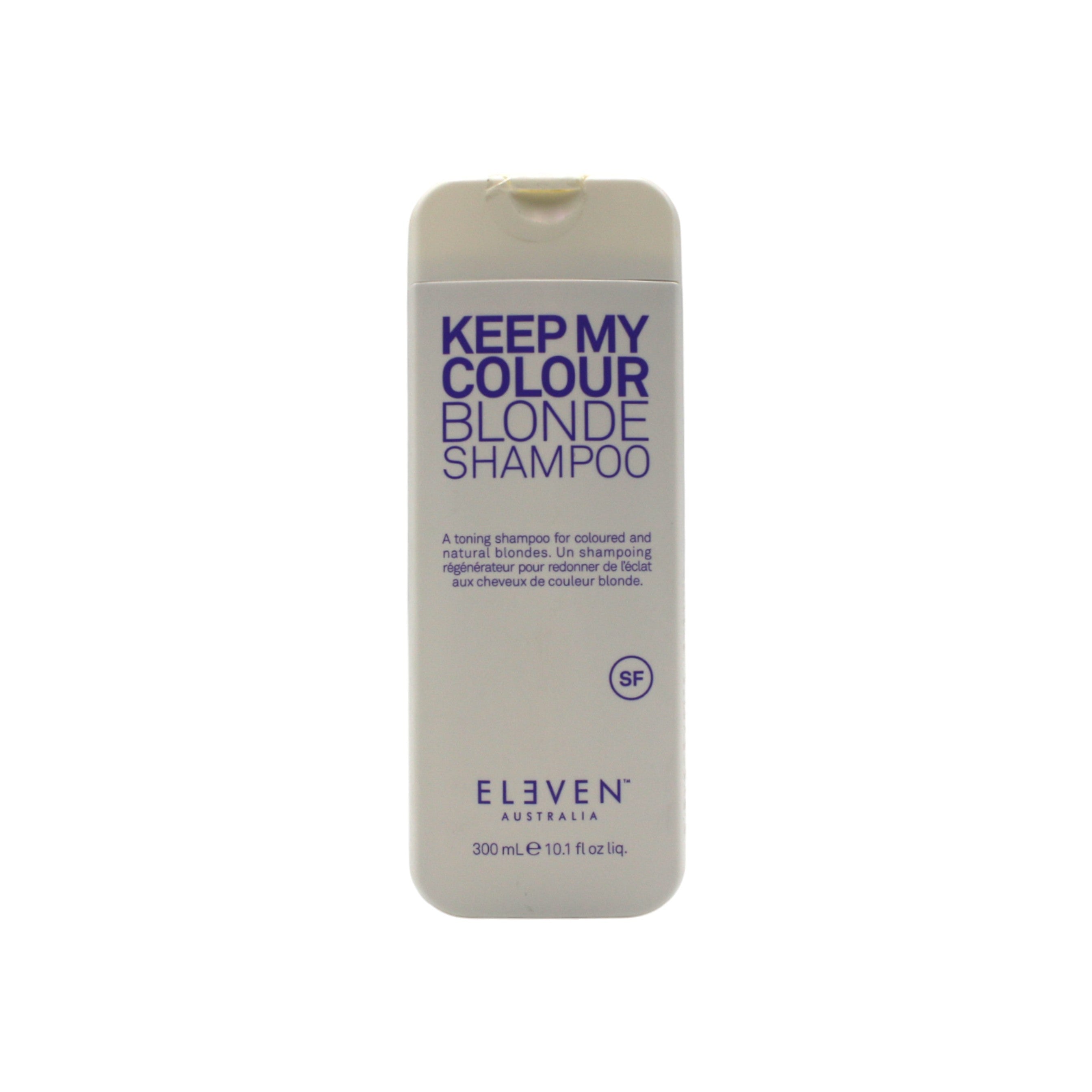 Shampoo bottle labeled 'Keep My Colour Blonde' by Eleven on a white background