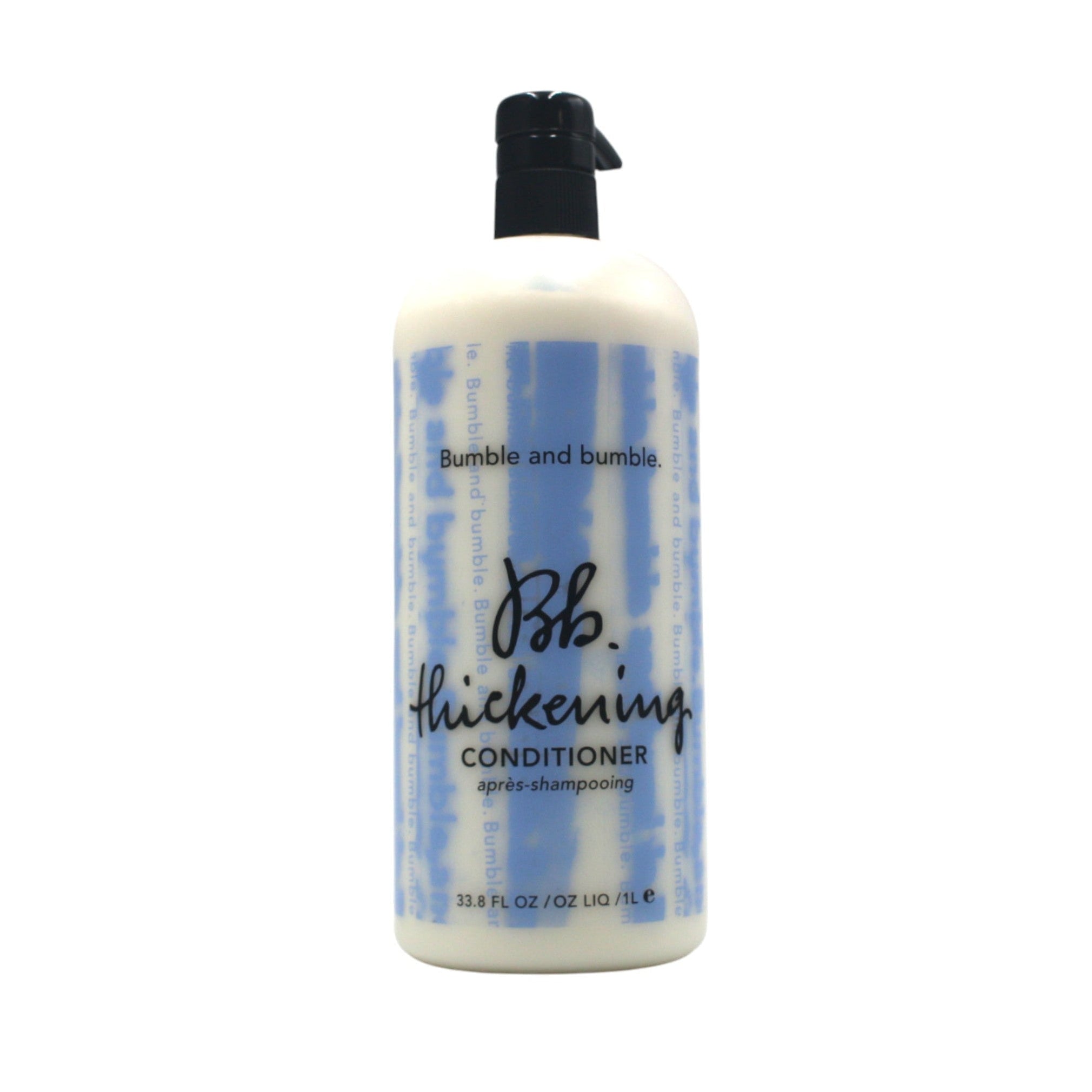 Bottle of Bumble and Bumble Thickening Conditioner on a white background