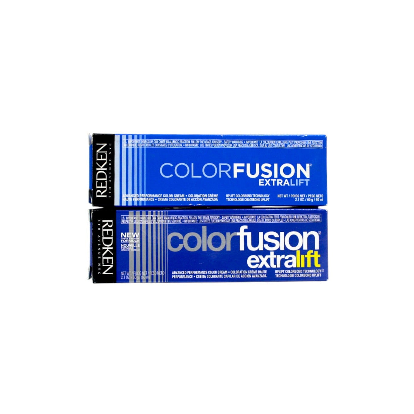 Two boxes of Redken Color Fusion Extra Lift hair color on a white background