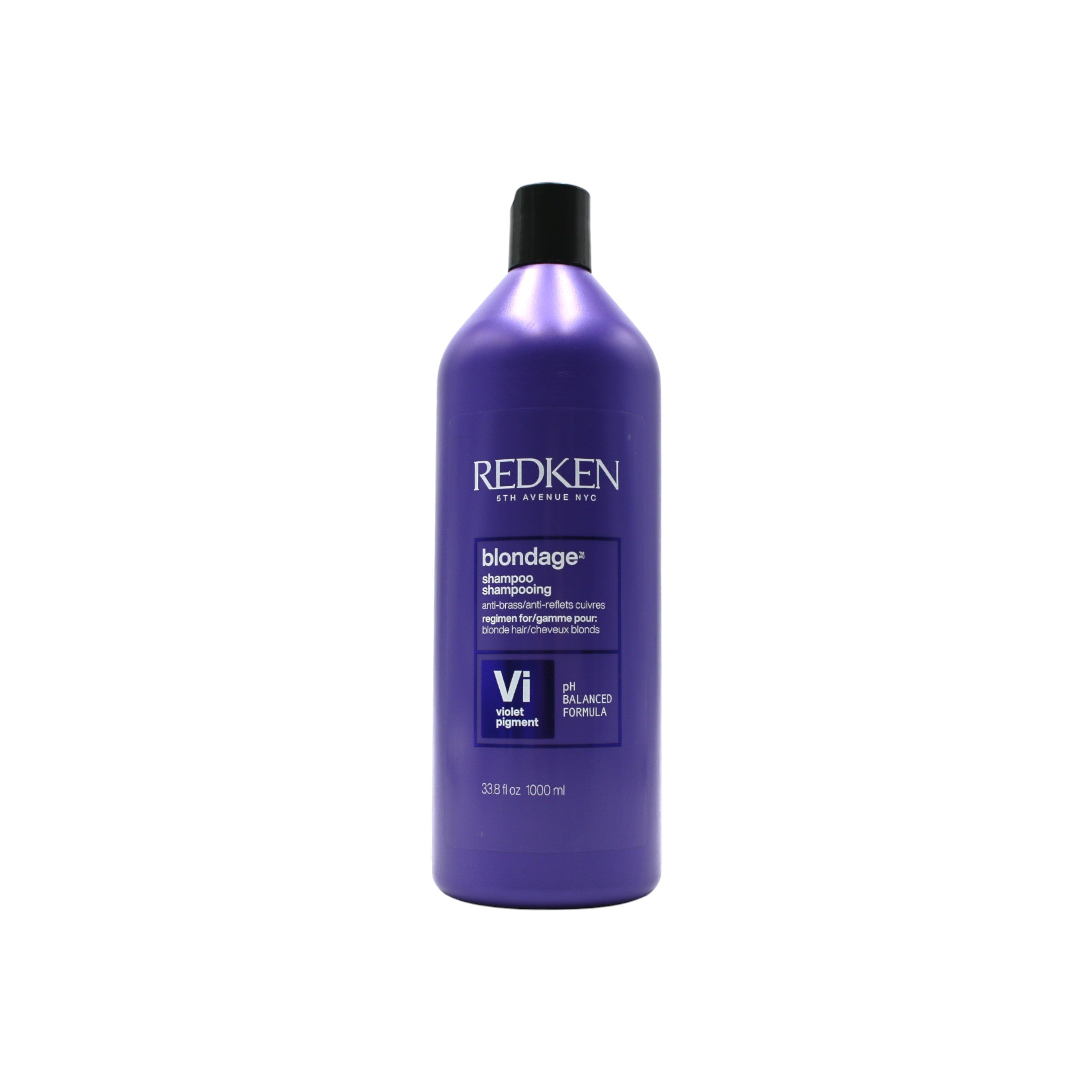 Purple bottle of Redken Blondage hair product on a white background