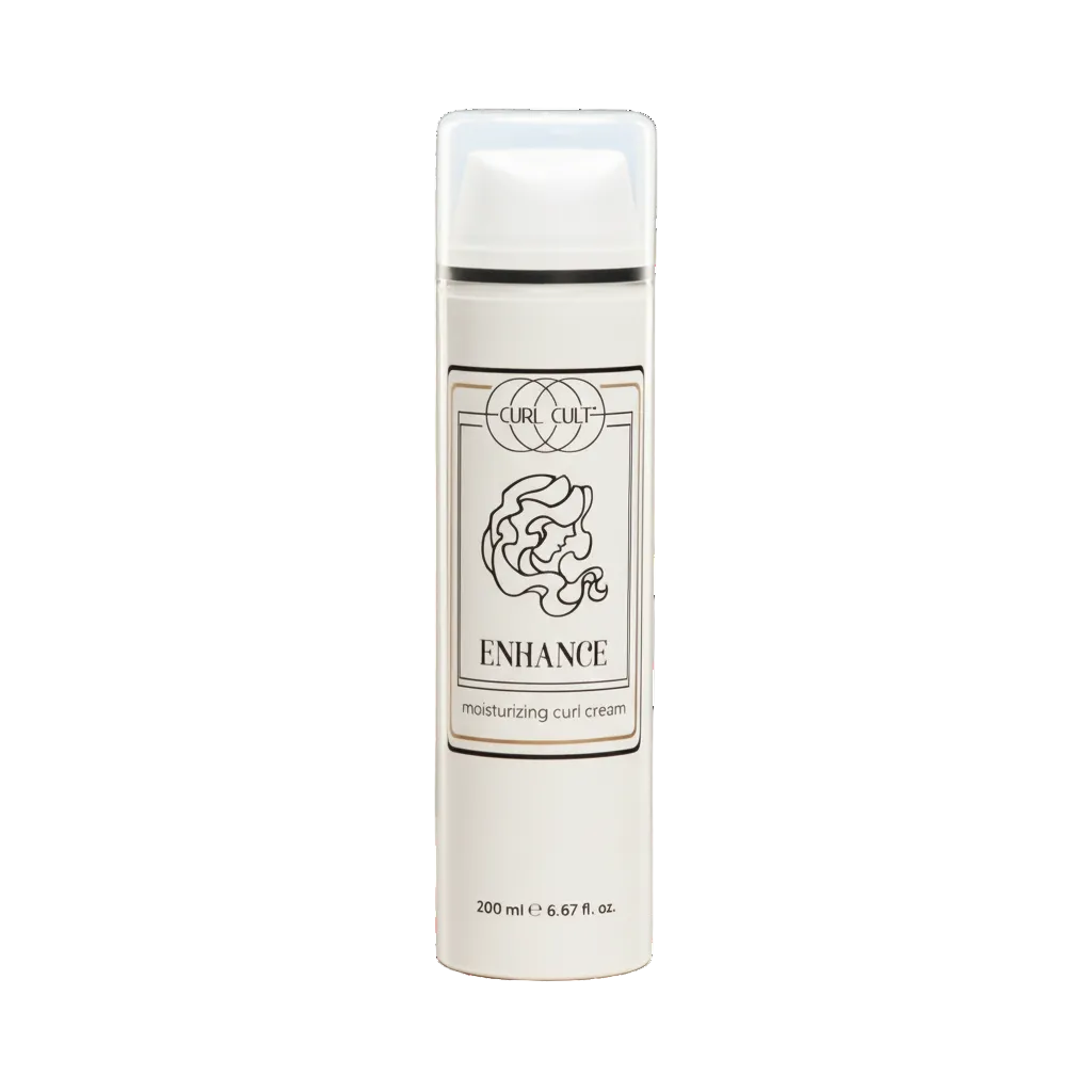 White bottle of moisturizing curl cream with a label on a white background