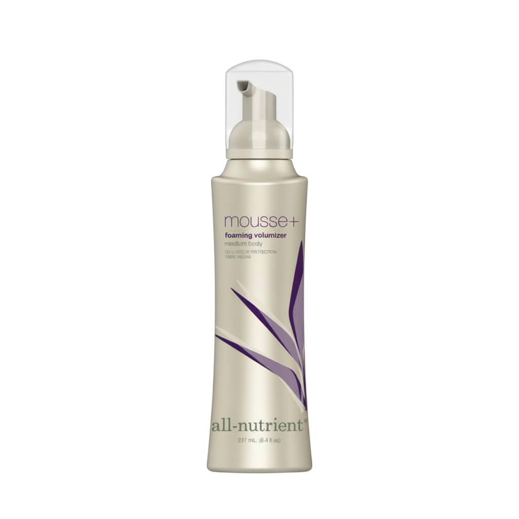 Hair mousse bottle labeled 'all-nutrient' on a white background