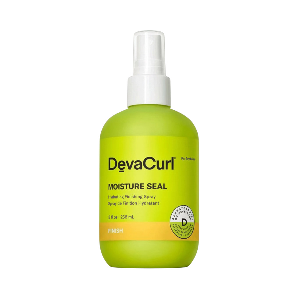 Devacurl Moisture Seal spray bottle on a white background