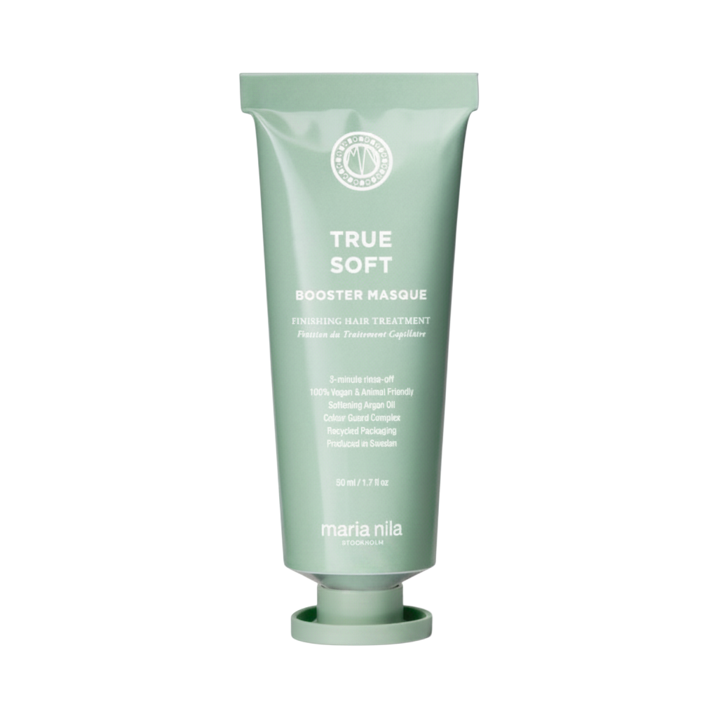 Green tube of 'True Soft Booster Masque' by Maria Nila on a white background