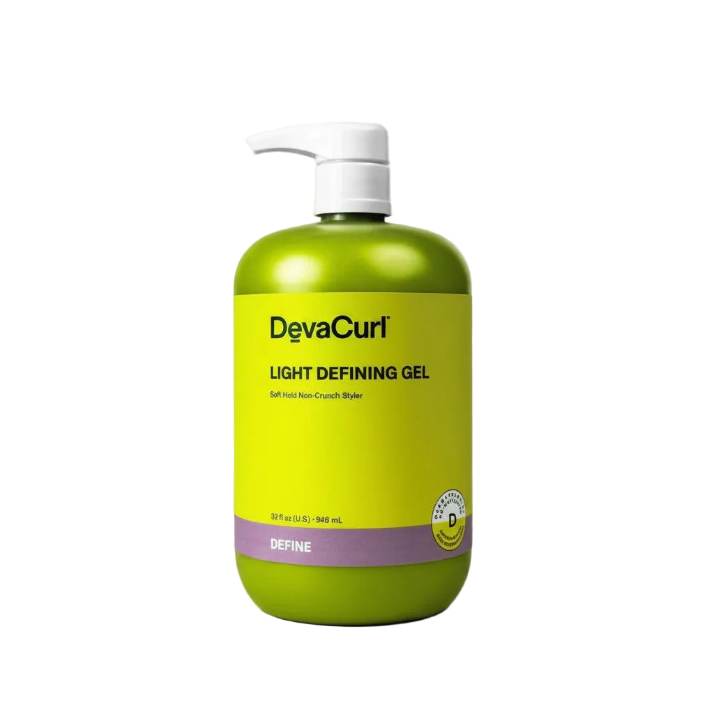 Green bottle of DevaCurl Light Defining Gel on a beige background