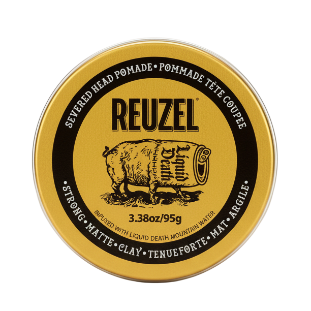 Reuzel pomade jar with gold lid and black label on a white background