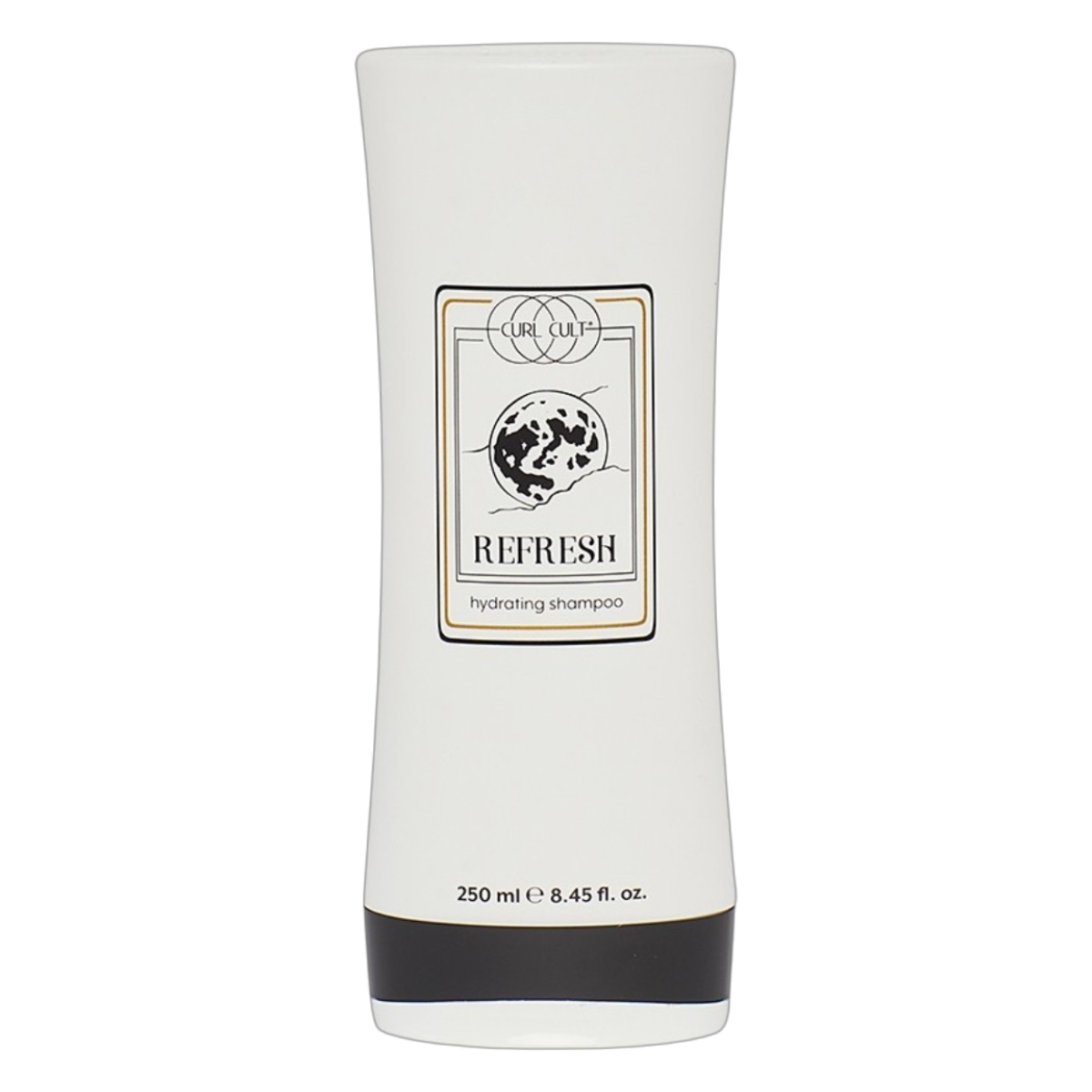 White shampoo bottle with black label on a white background