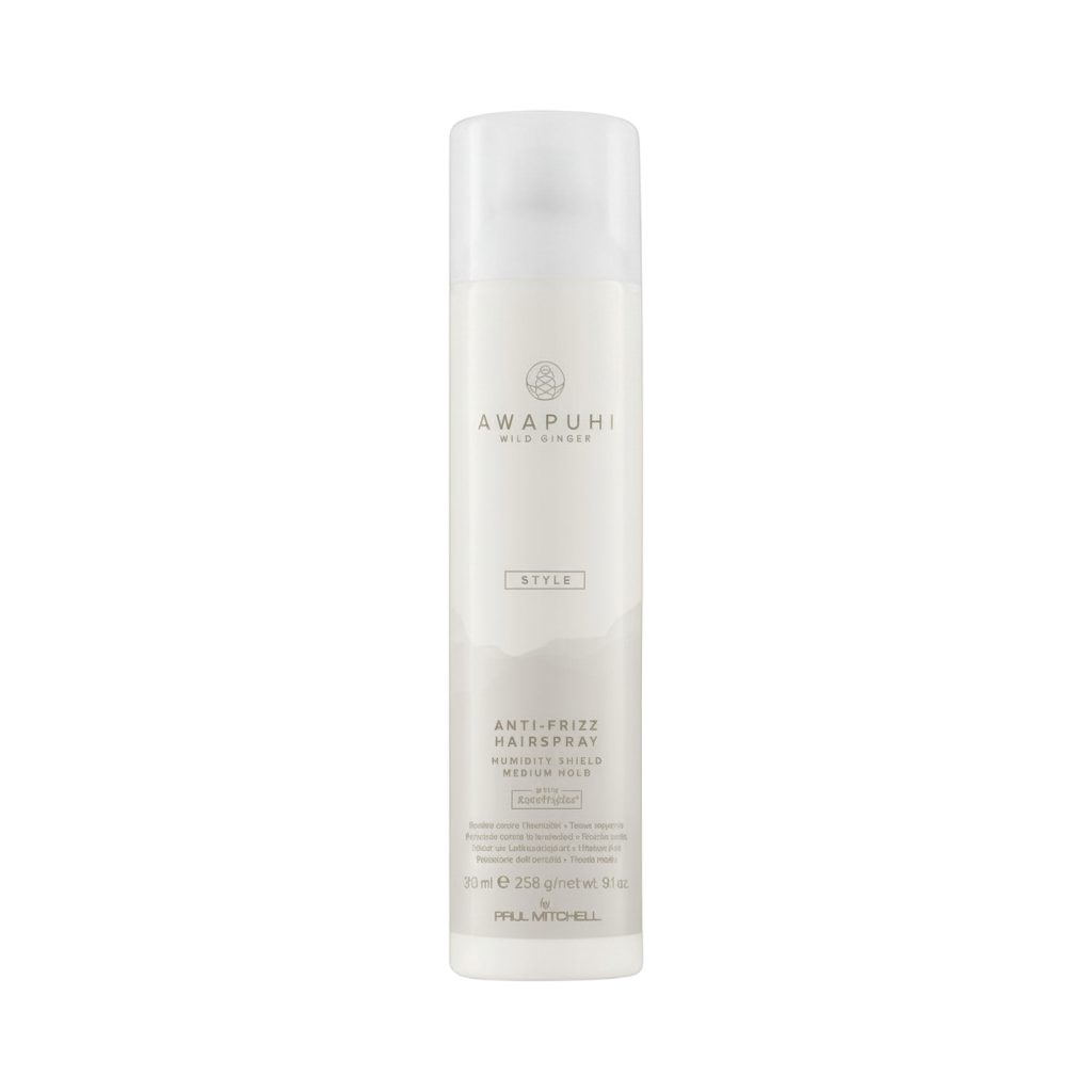 White hair spray bottle with 'Awapuhi' branding on a white background