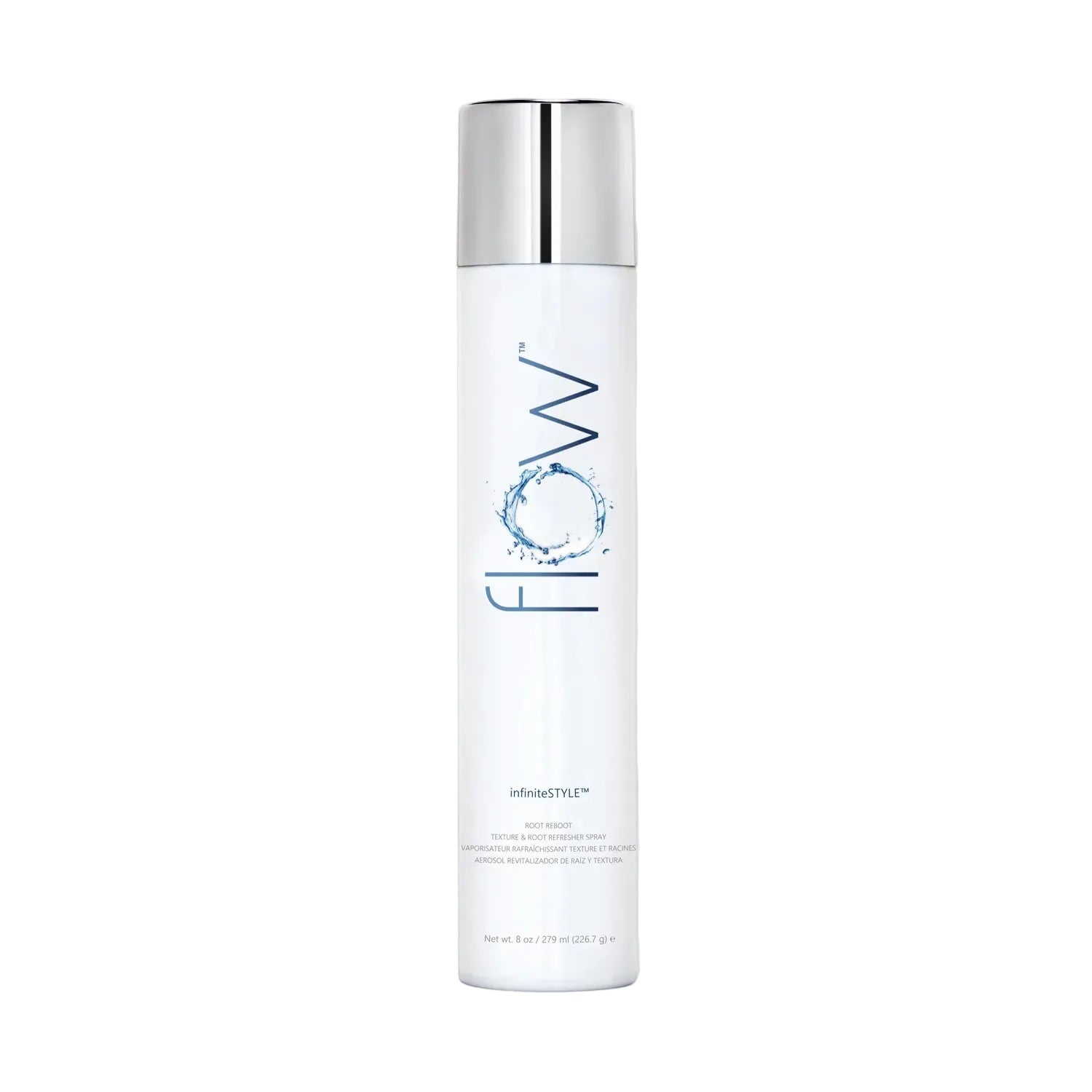 White bottle with silver cap labeled 'Flow' on a white background