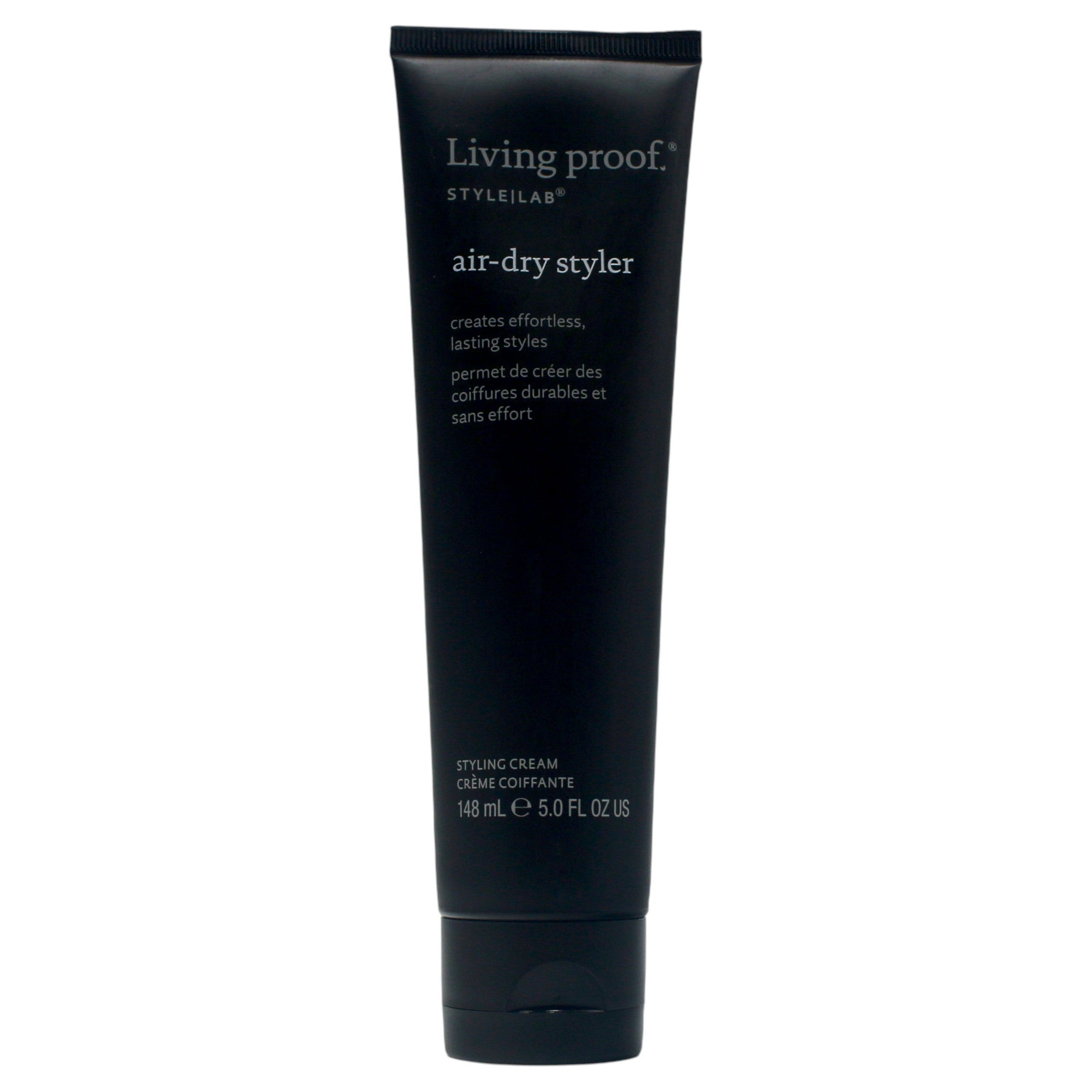 Living Proof hair product tube on a white background air dry styler