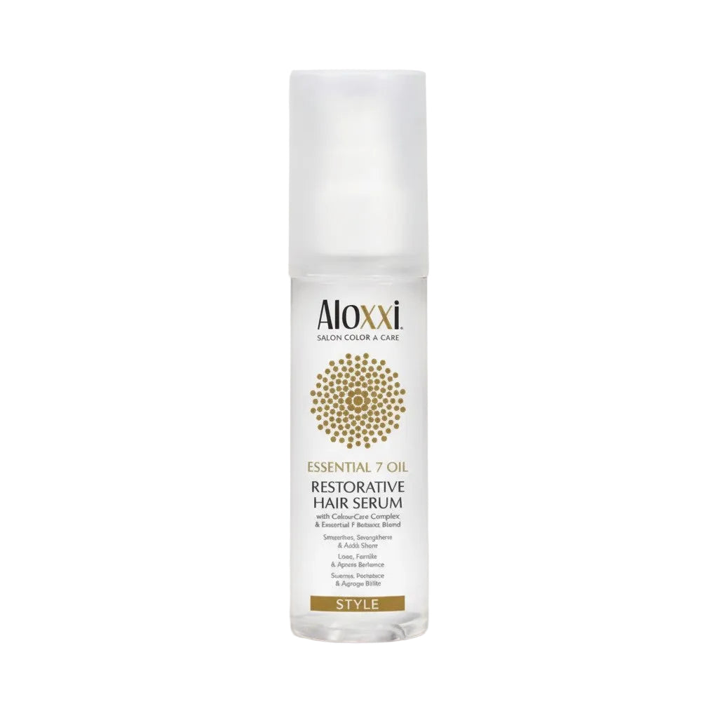 Aloxxi essential 7 oil restorative hair serum bottle on a light background