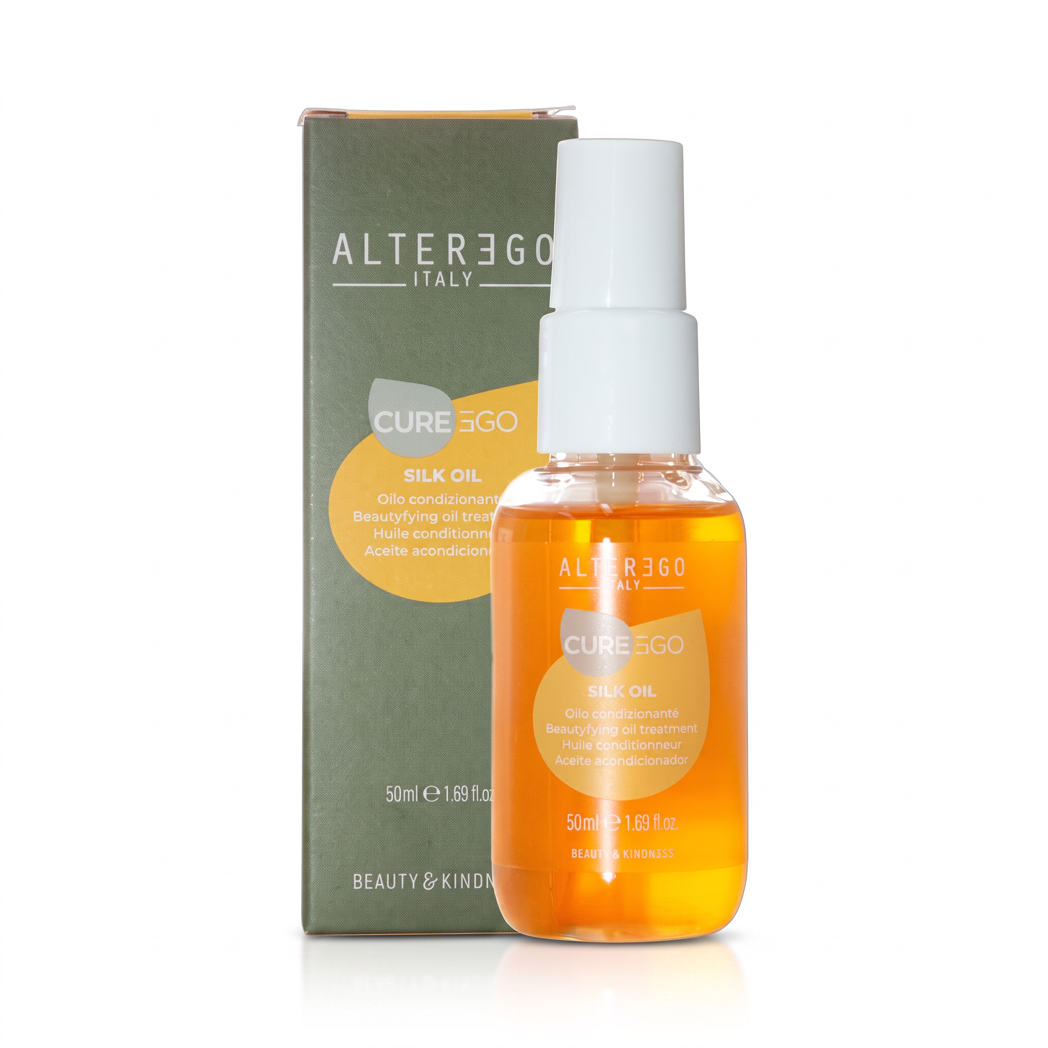 A bottle of Alter360 Italy Cure Silk Oil beauty condiment with a white spray cap, shown next to its olive green and yellow packaging box on a white background.