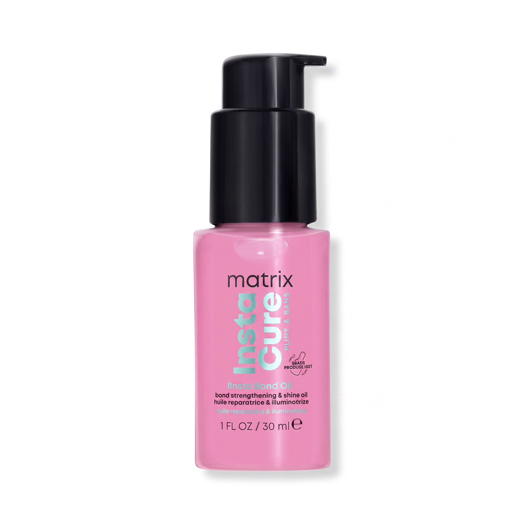 A pink bottle of Matrix InstaCure Hand Strengthening & Shine Oil with a black pump dispenser, shown on a clean white background.