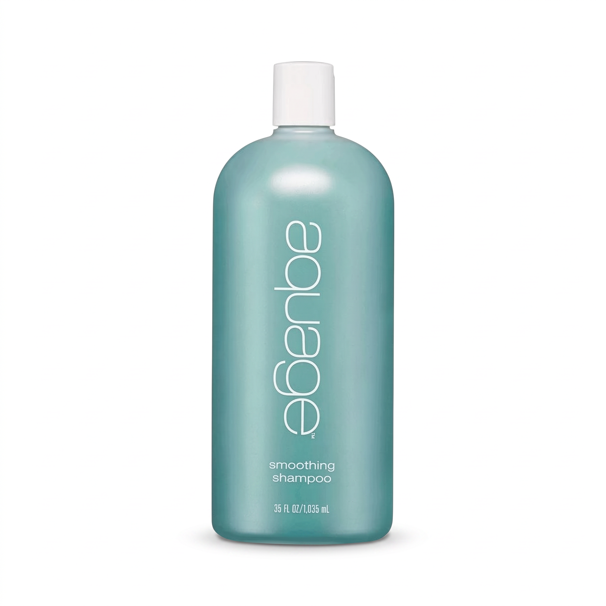 A bottle of aegerbe smoothing shampoo in a translucent teal-blue color with a white cap, shown on a plain white background.