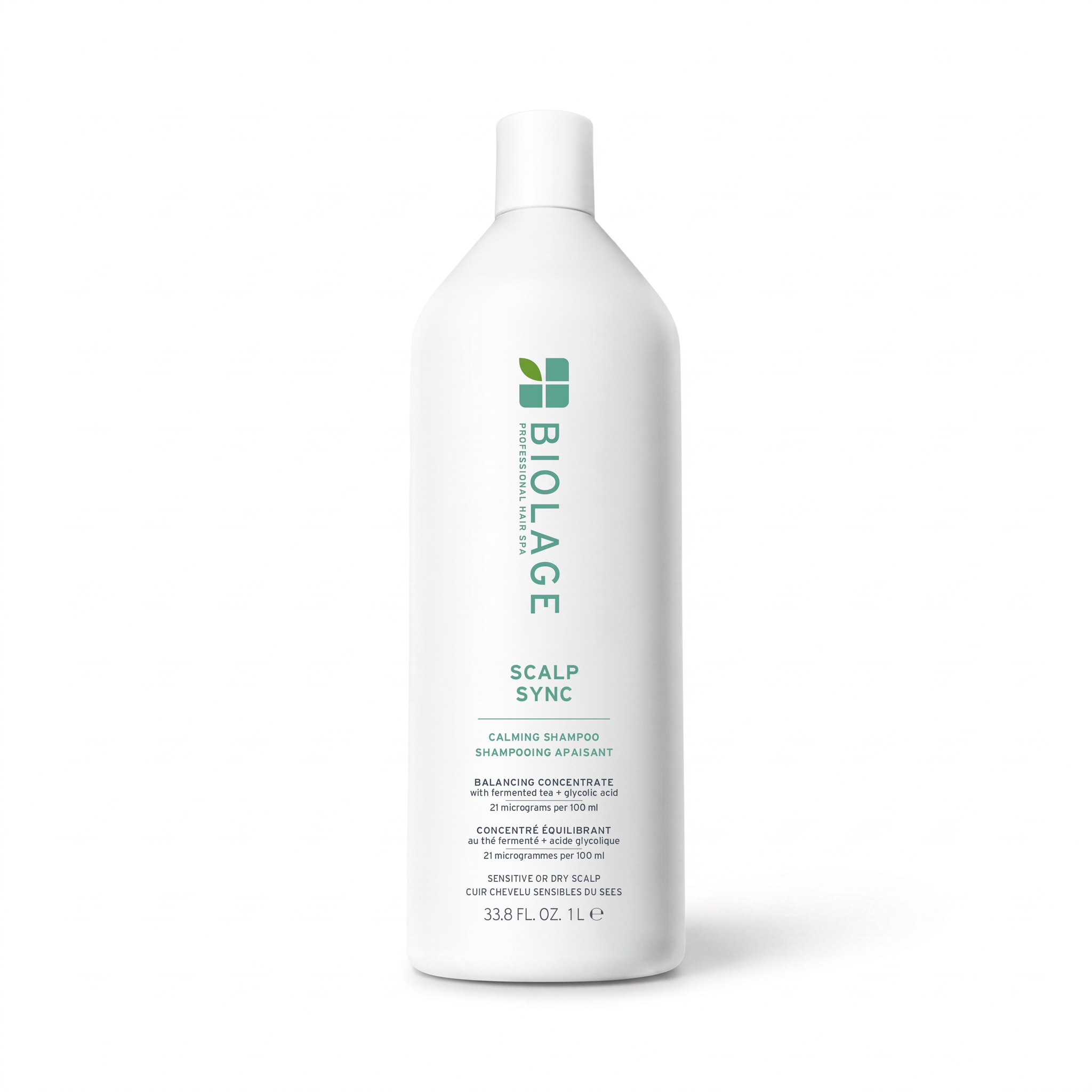 A 33.8 fl oz white bottle of BIOLAGE Scalp Sync calming shampoo, shown on a clean white background.