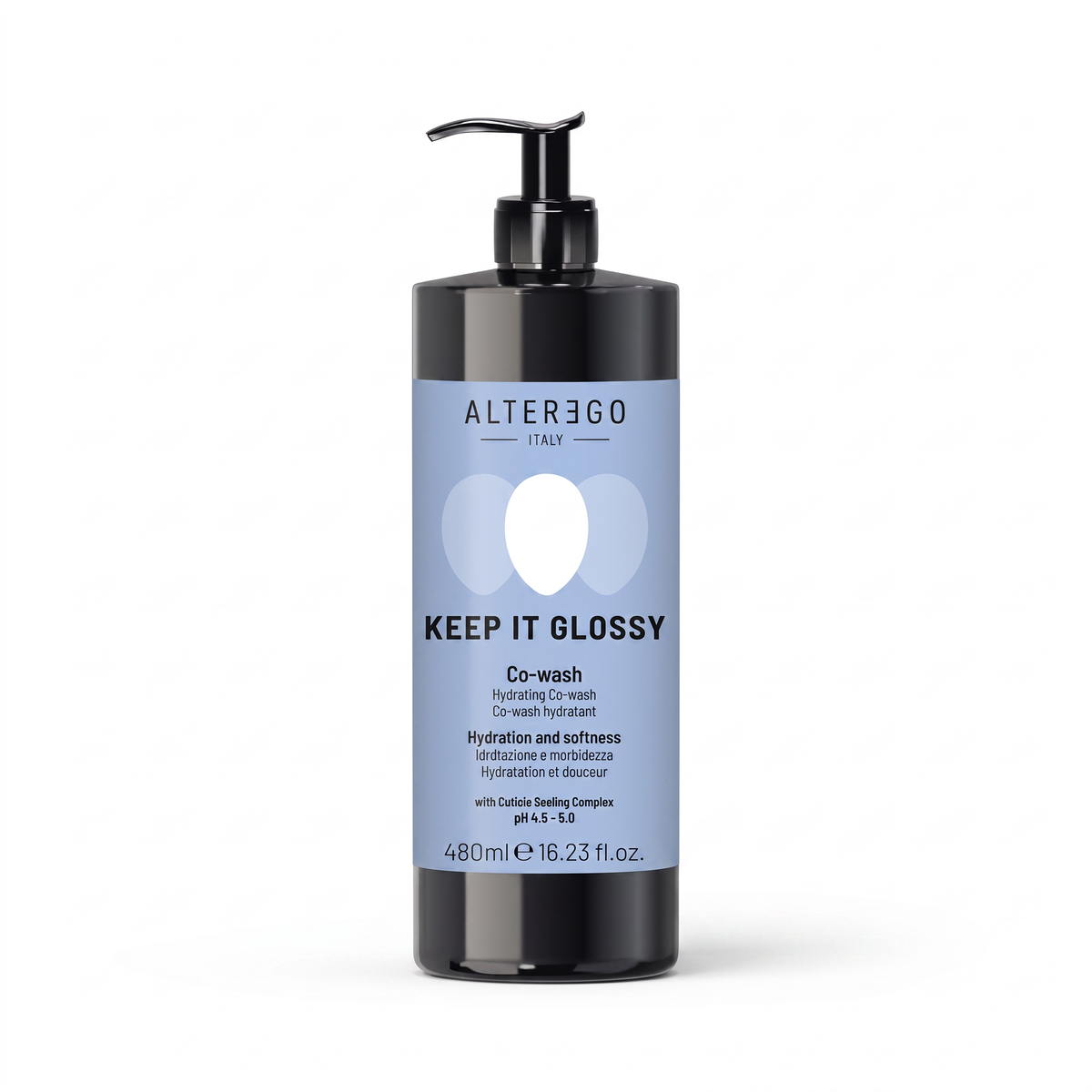 A 480ml pump bottle of ALTERGO Keep It Glossy co-wash hair product, featuring a black bottle and a light blue label on a clean white background.