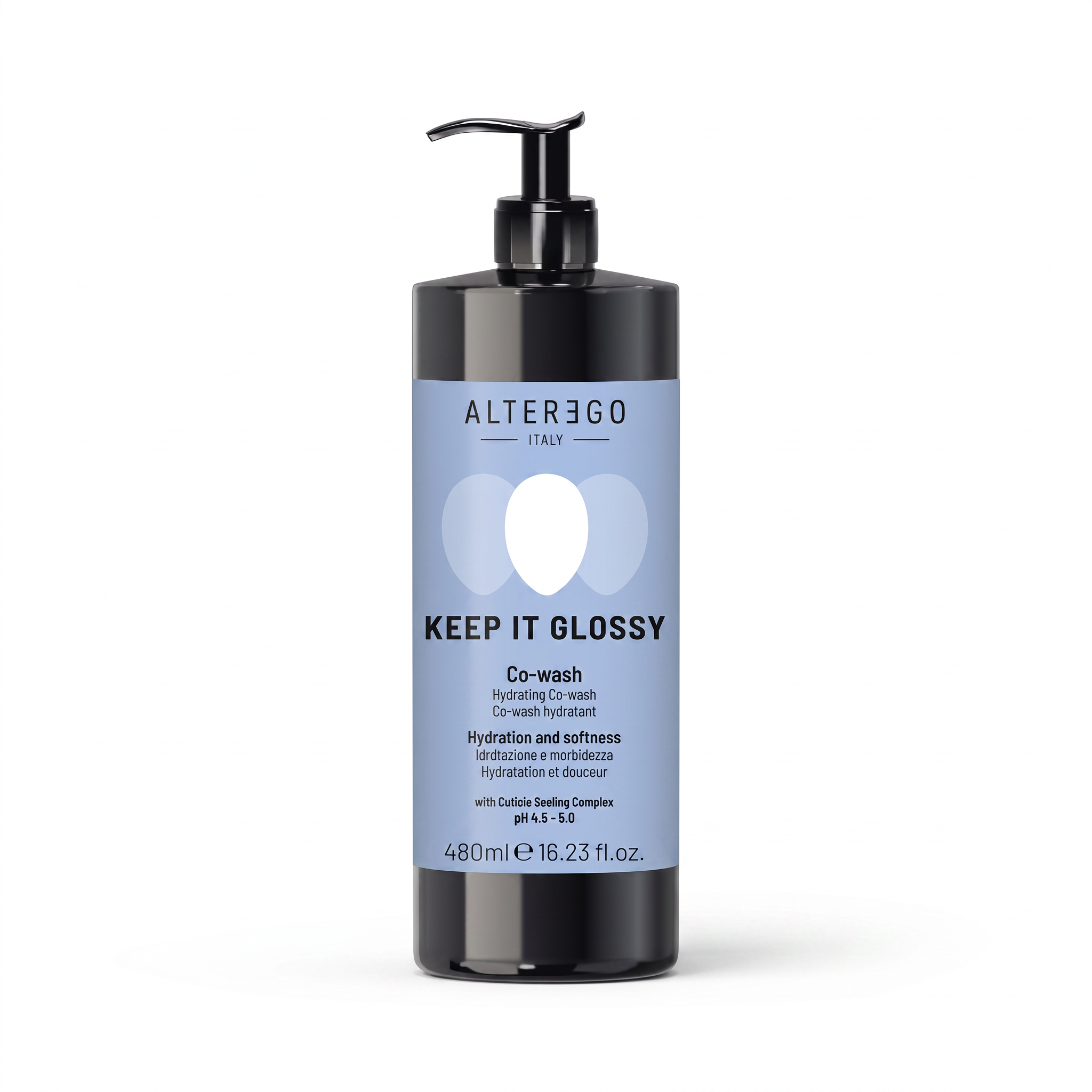 A 480ml pump bottle of ALTERGO Keep It Glossy co-wash hair product, featuring a black bottle and a light blue label on a clean white background.