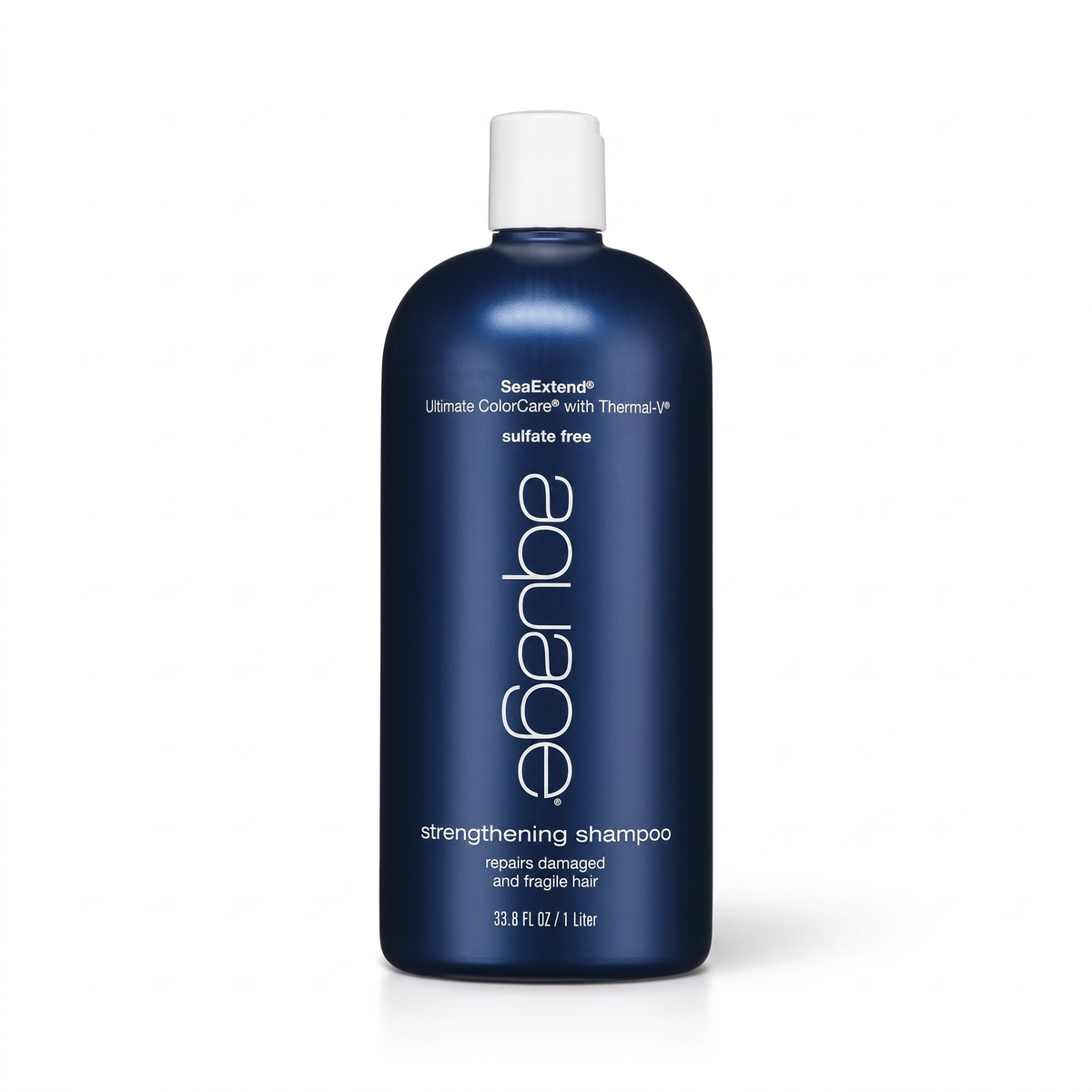 A 35 fl oz bottle of eGerbe SeaExtend Strengthening Shampoo, featuring a deep navy blue bottle with a white cap and white text, set against a plain white background.