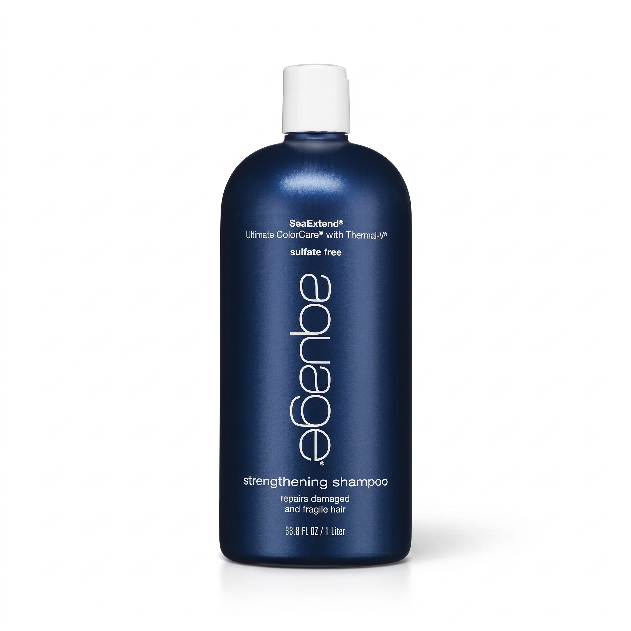 A 35 fl oz bottle of eGerbe SeaExtend Strengthening Shampoo, featuring a deep navy blue bottle with a white cap and white text, set against a plain white background.