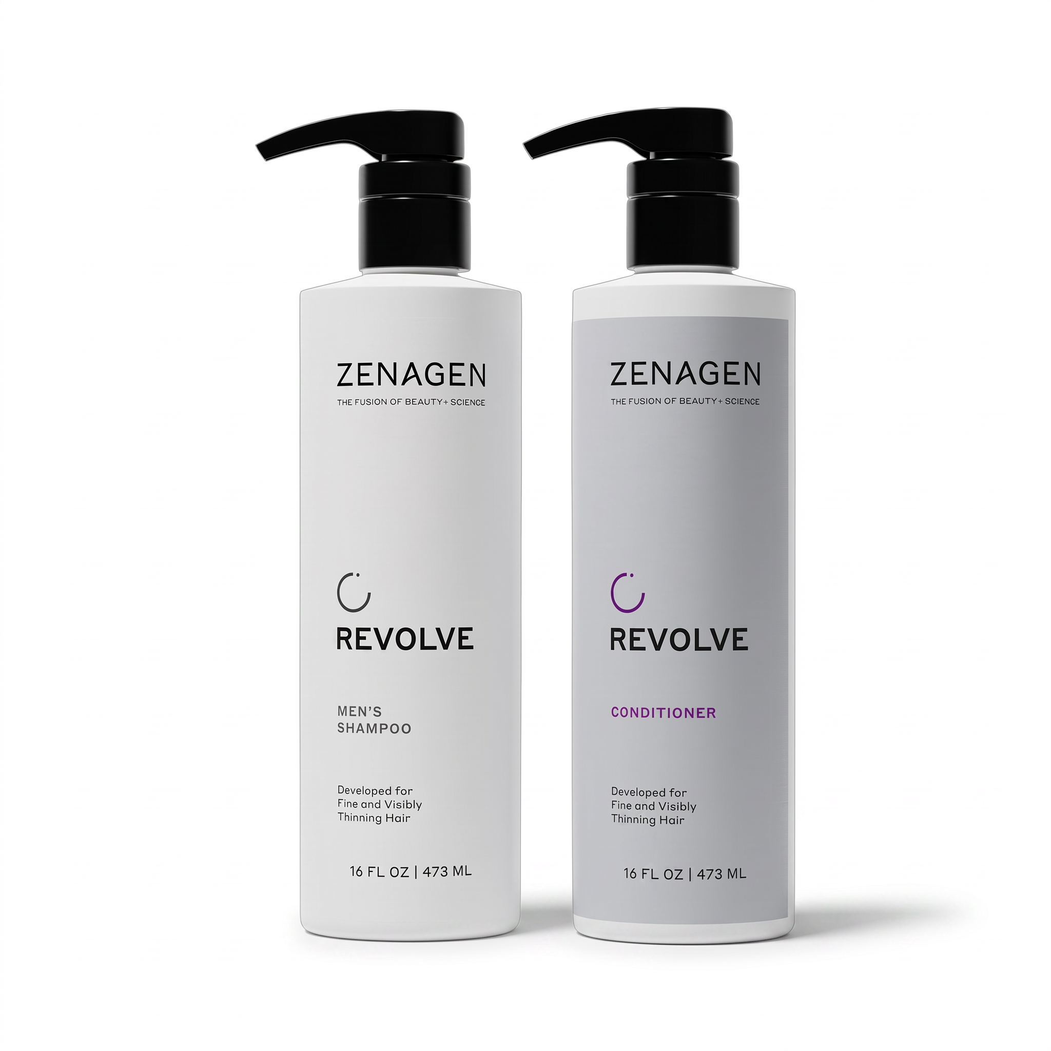 Two Zenagen Revolve hair care bottles on a white background: Men's Shampoo in black and Conditioner in white with a purple accent.