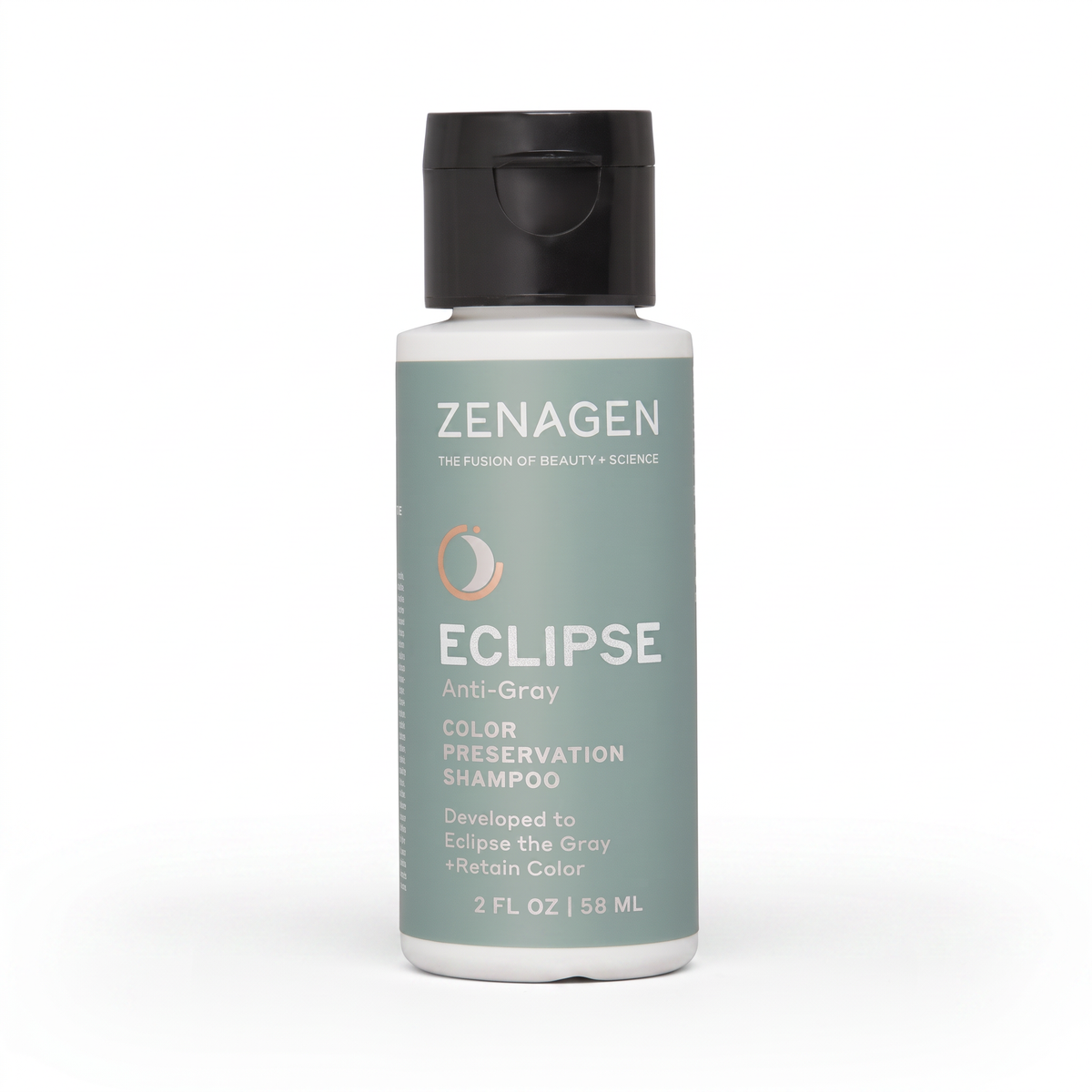 A bottle of Zenagen Eclipse Color Preservation Shampoo on a clean white background. The bottle has a muted sage green label with white text and a black flip-top cap.