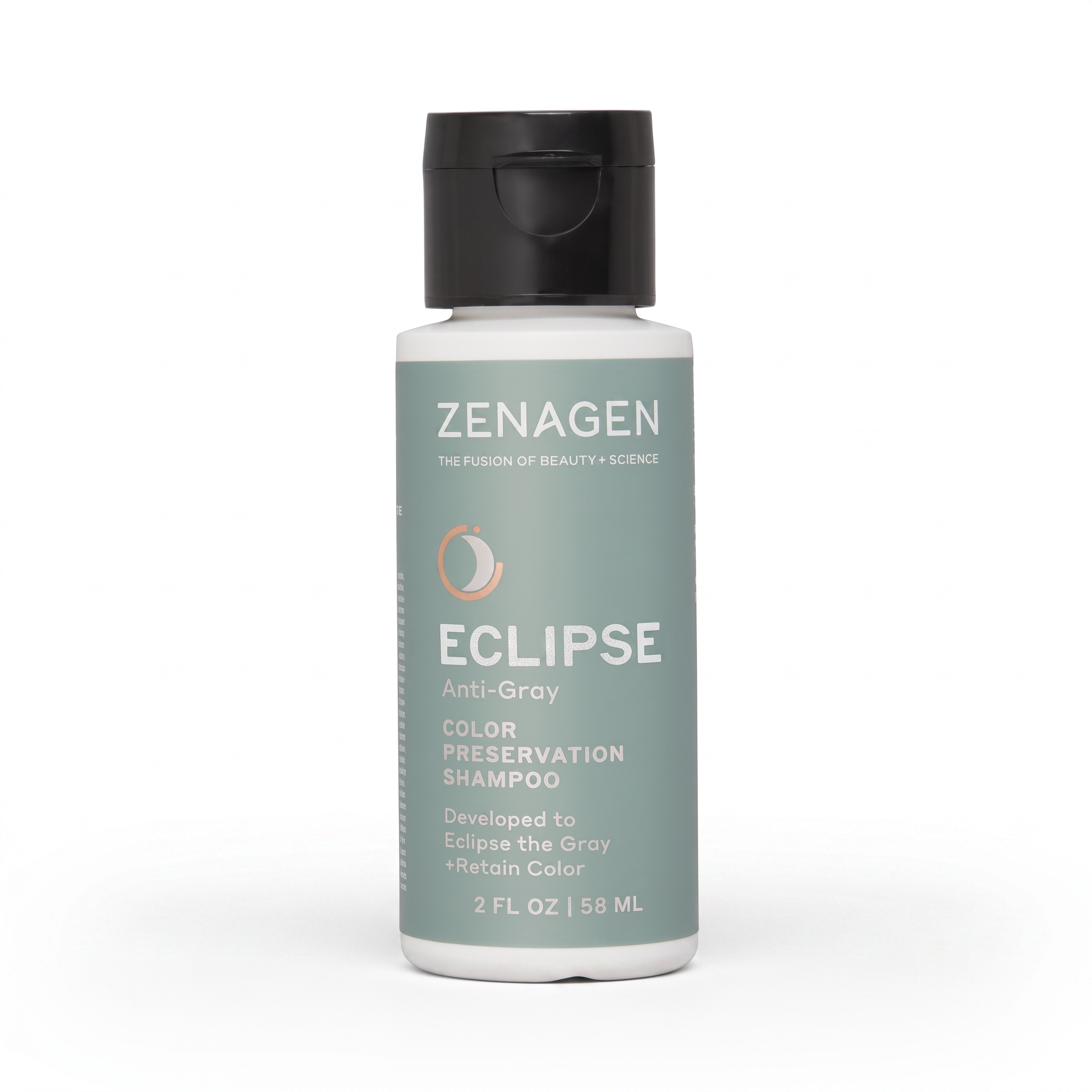 A bottle of Zenagen Eclipse Color Preservation Shampoo on a clean white background. The bottle has a muted sage green label with white text and a black flip-top cap.