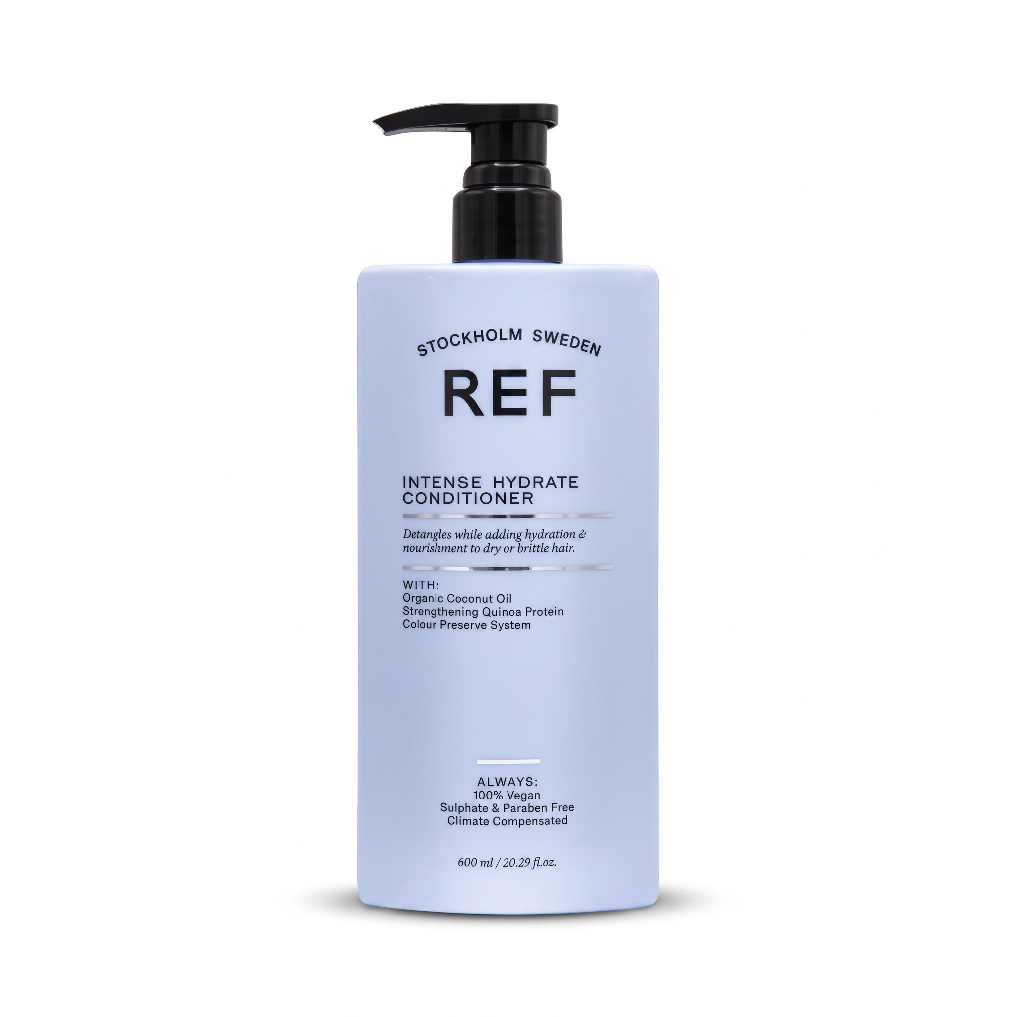A 600 ml pump bottle of REF Stockholm Sweden Intense Hydrate Conditioner, featuring a pale blue bottle and a black pump dispenser, set against a plain white background.