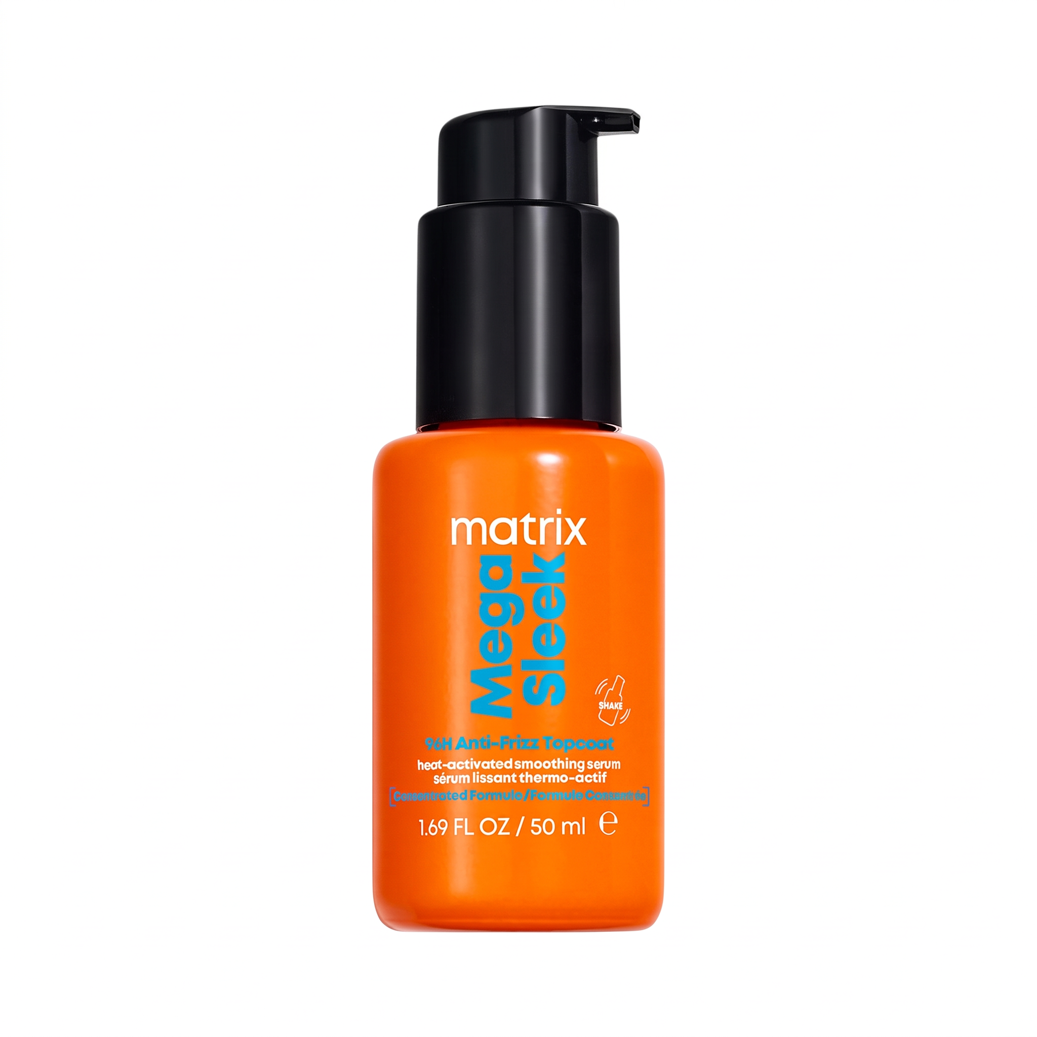 Matrix Mega Smooth hair collagen smoothing serum in a 50 ml orange bottle with a black pump dispenser, shown on a plain white background.