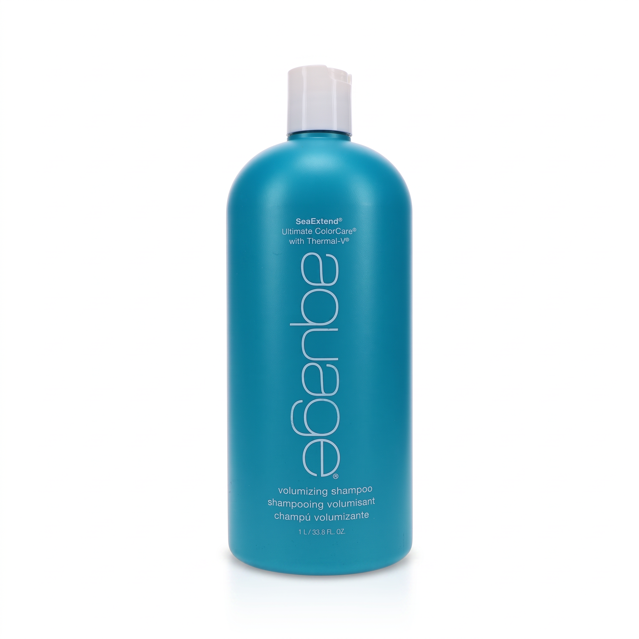 A 1.1 US fluid ounce bottle of Eberbe volumizing shampoo with Thomas III, featuring a vibrant teal-blue bottle and a white cap, set against a plain white background.