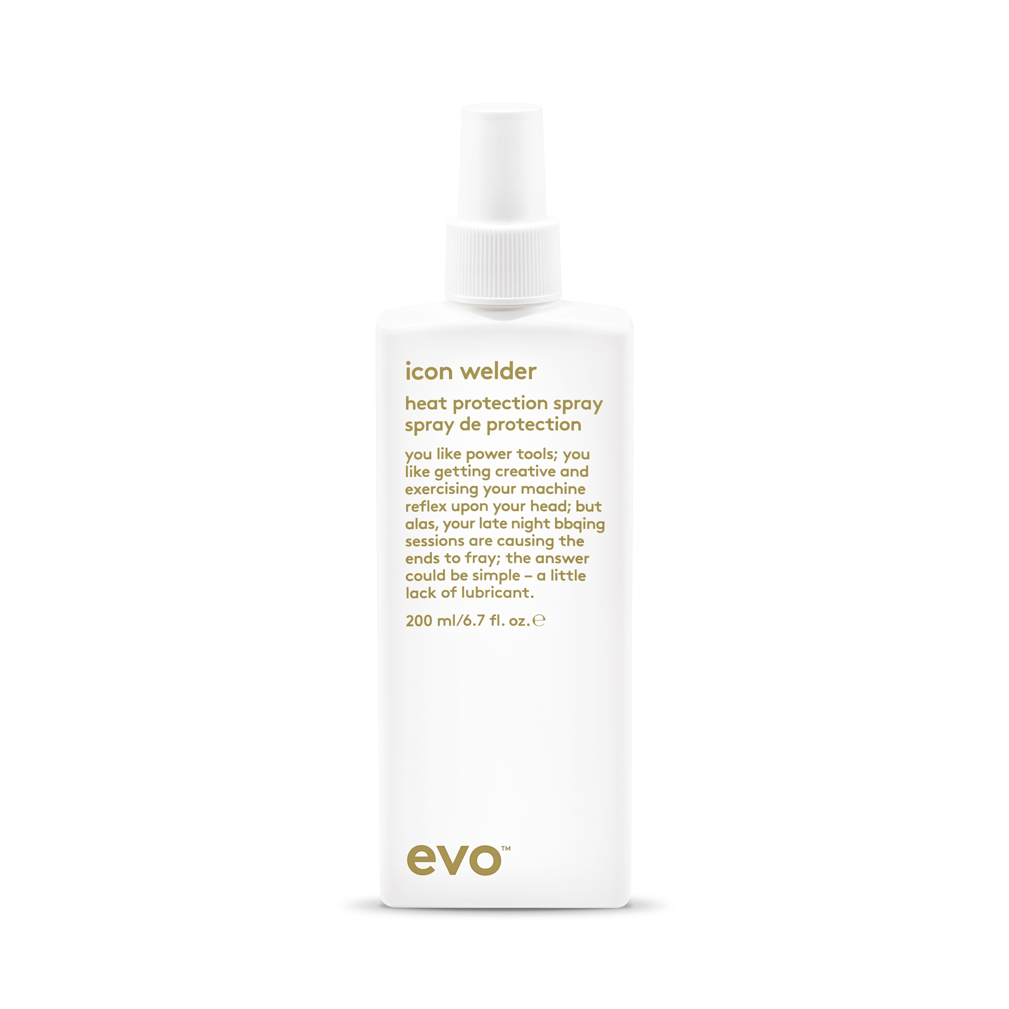 A white bottle of EVO Icon Welder heat protection spray deprotectant, featuring gold text and logo, set against a clean white background.