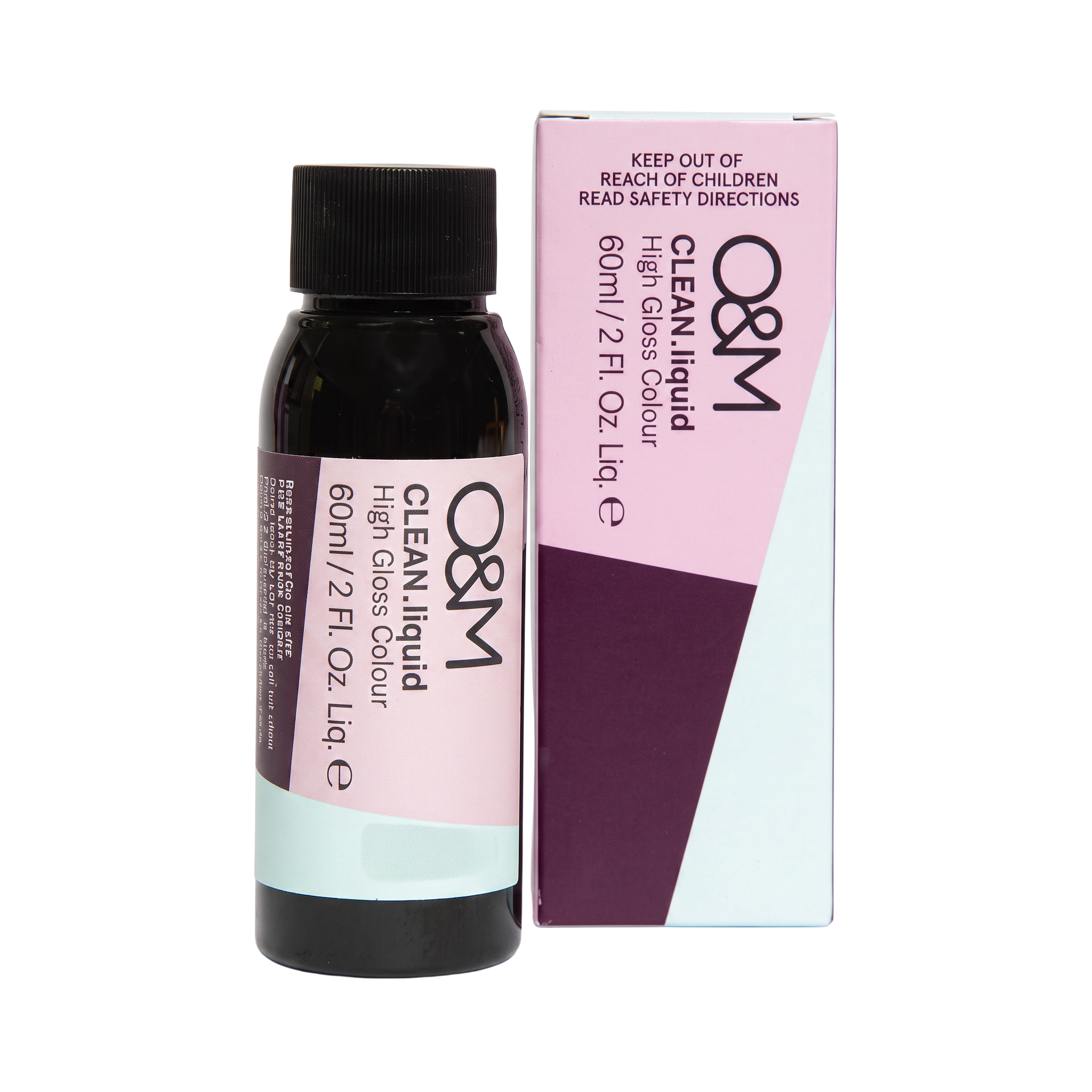 O8M Clean Liquid high gloss colour glass cleaner in a 60ml bottle next to its retail box, featuring a pink, white, and dark purple color-blocked design.