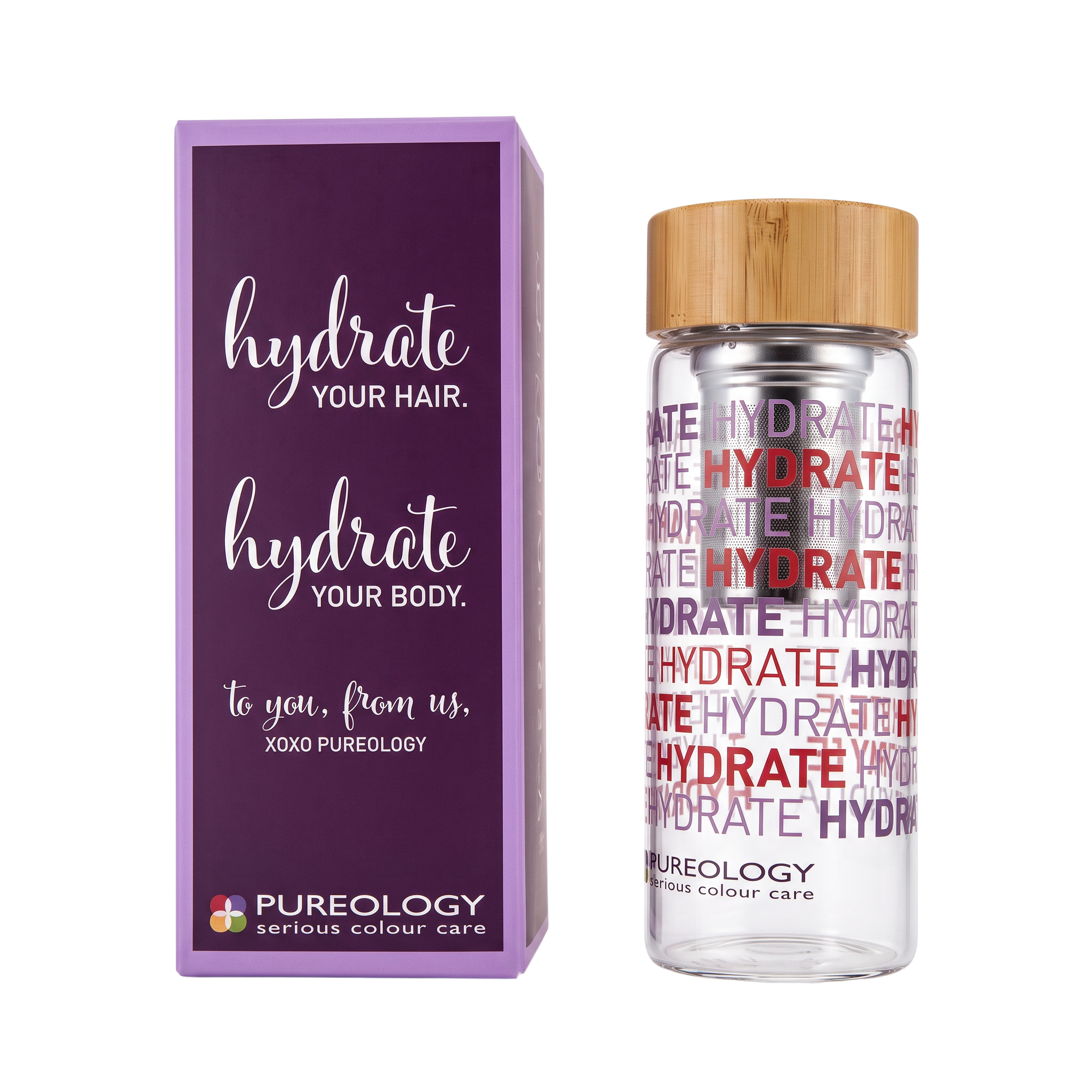 Pureology Hydrate Your Hair & Body hair mask set, featuring a purple box with white text and a clear glass bottle with a bamboo cap, both printed with the words 'hydrate YOUR HAIR.' and 'hydrate YOUR BODY.