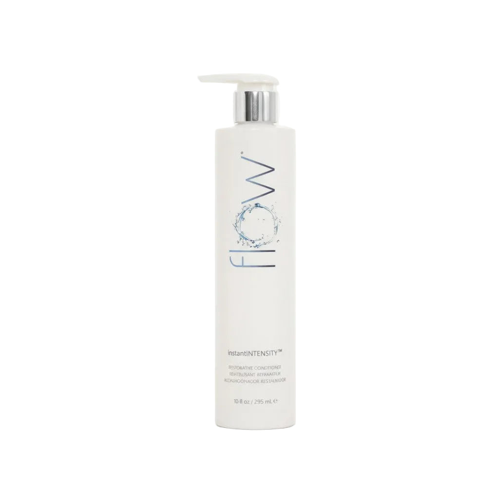 White bottle with 'flow' branding on a light gray background