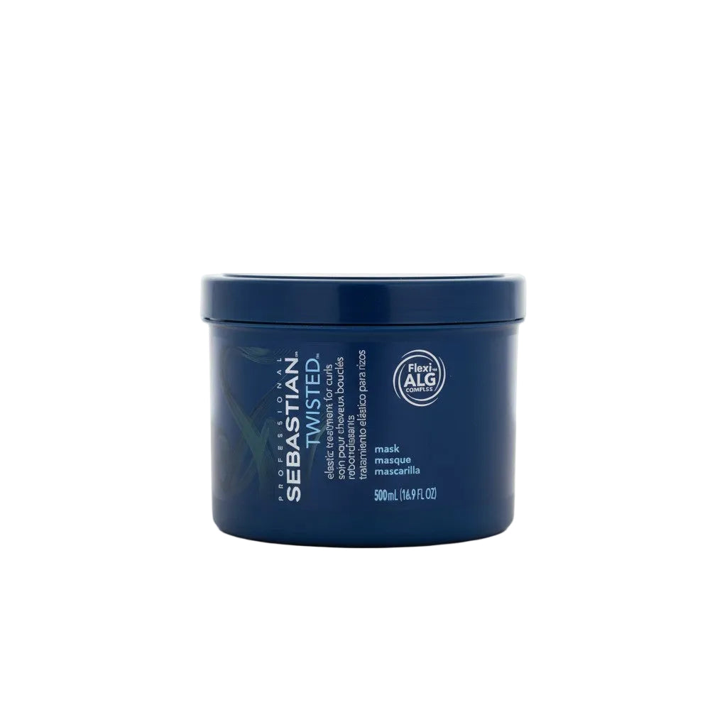 Blue hair mask jar with white text on a white background