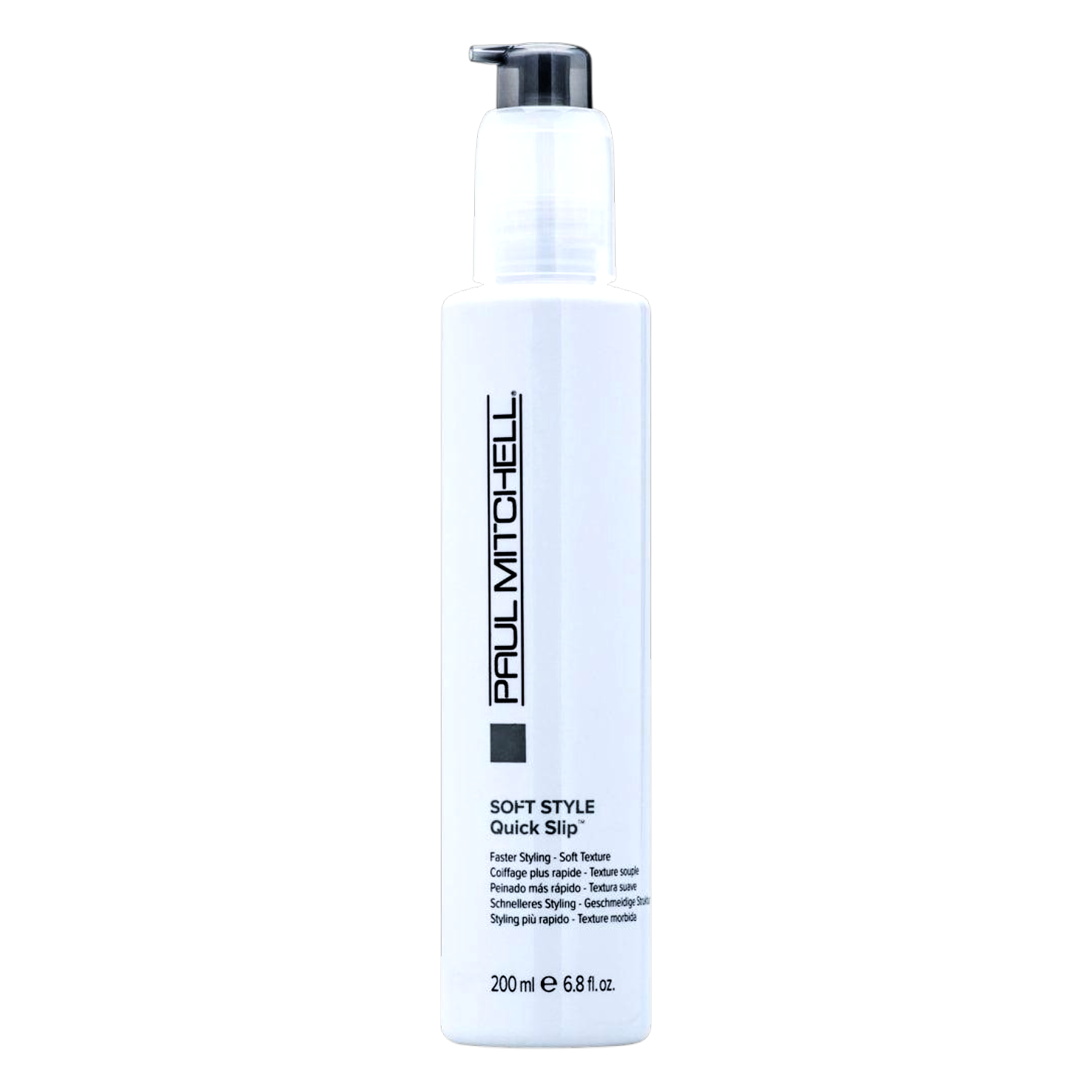 A 200 ml white bottle of Pull Mitchell Soft Style Quick Slip hair styling foam with a black pump dispenser, shown on a solid white background.